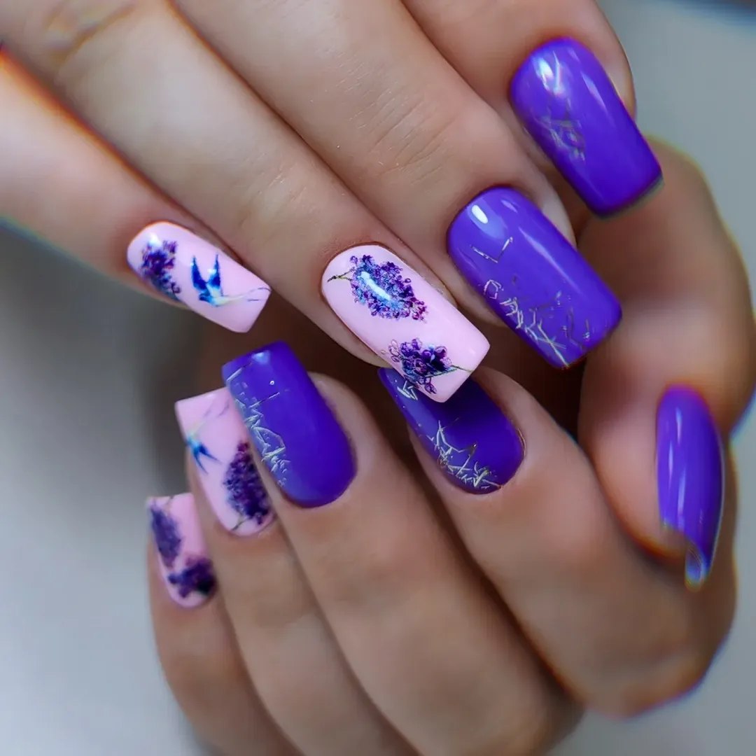 Vibrant Purple and Pink Floral Rectangle Nails