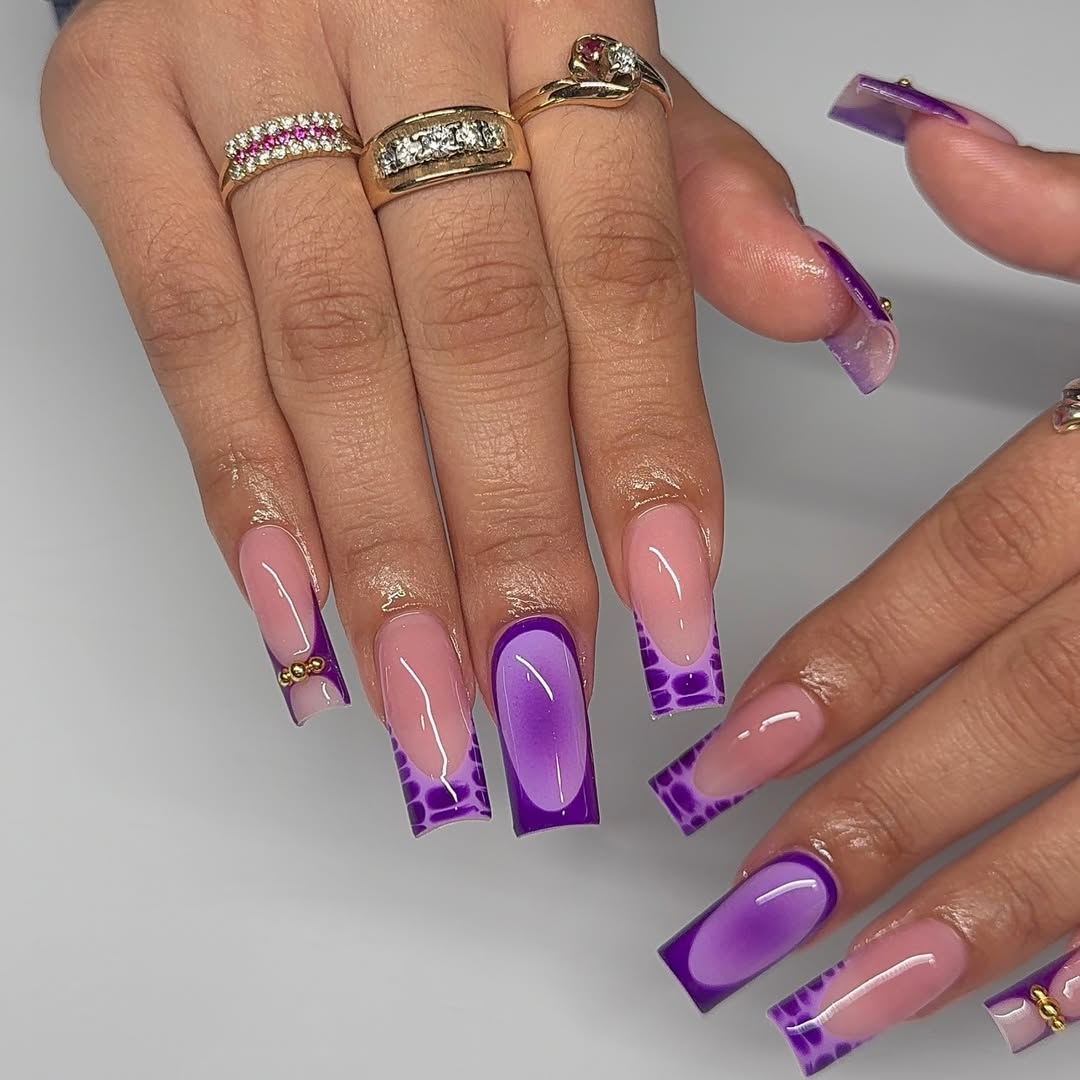 Vibrant Purple Croc Print French Tip Long Coffin