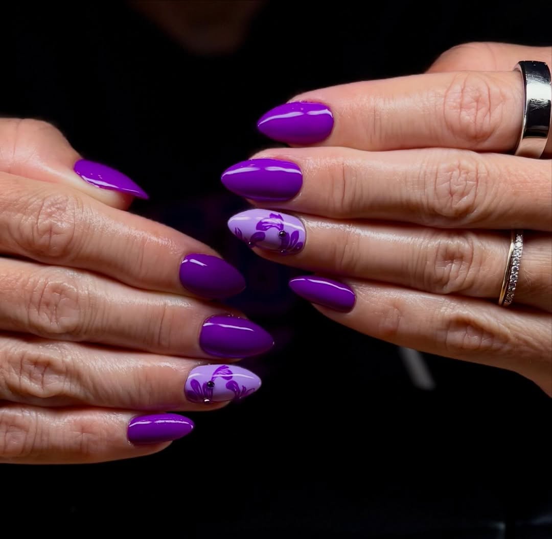 Vibrant Purple Floral Accent Almond Nails