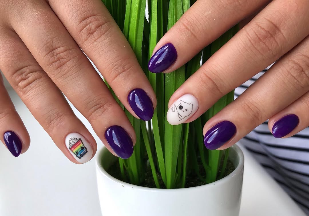 Vibrant Purple Oval Nails With Playful Accents