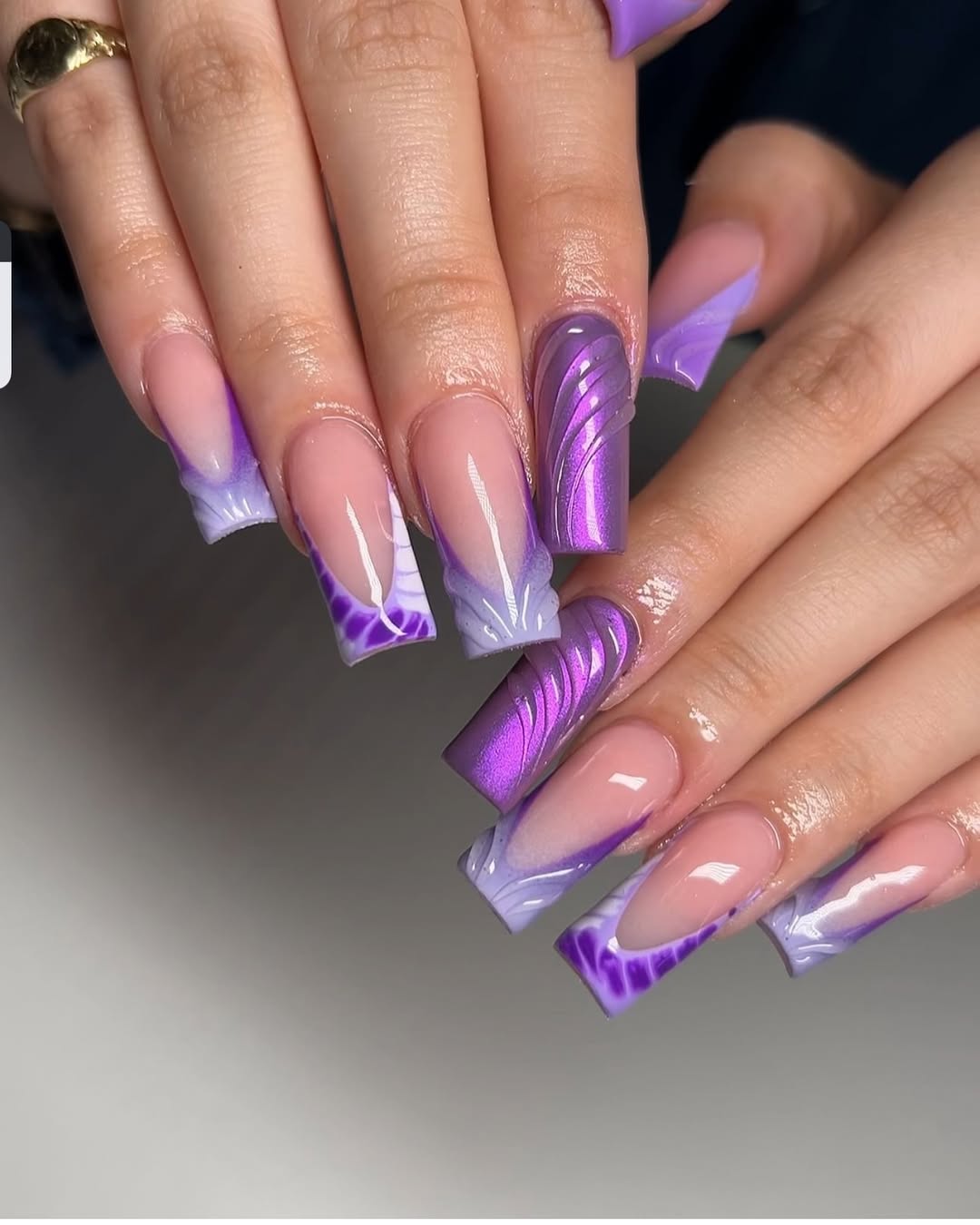 Vibrant Purple Swirl French Tips and 3D Accent