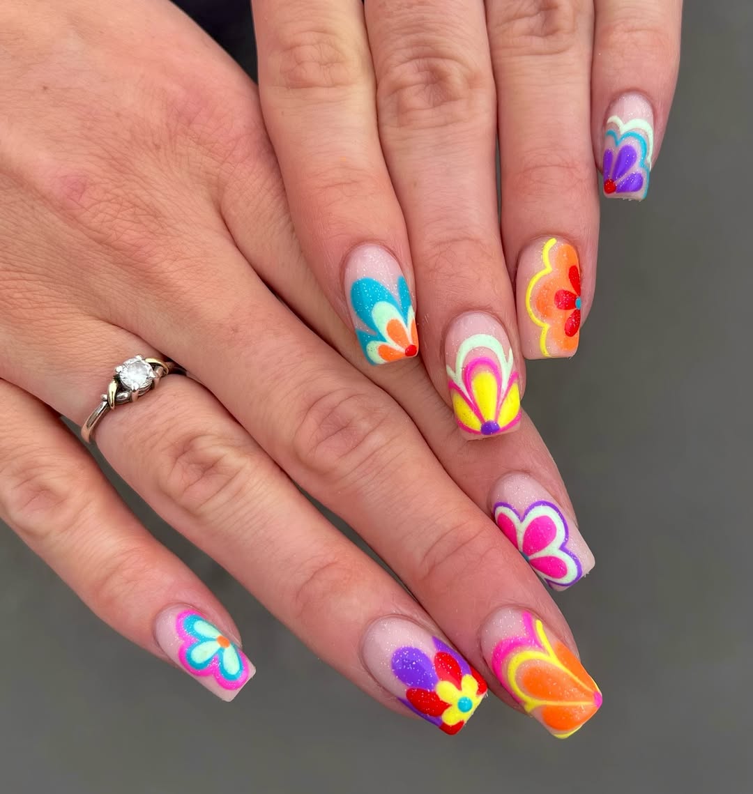 Vibrant Rainbow Abstract Floral Squoval Tips