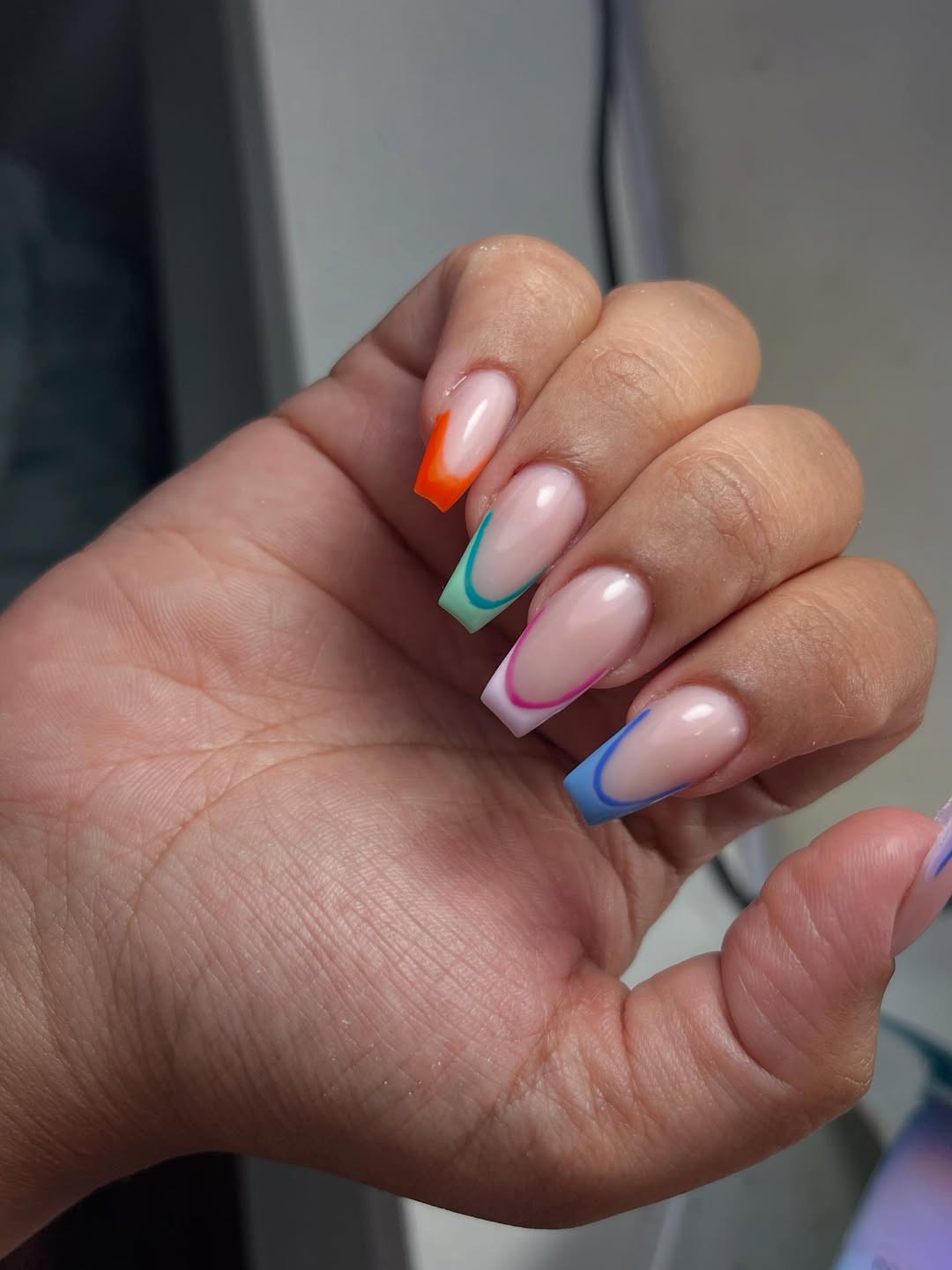 Vibrant Rainbow Abstract French Outline Coffin Nails