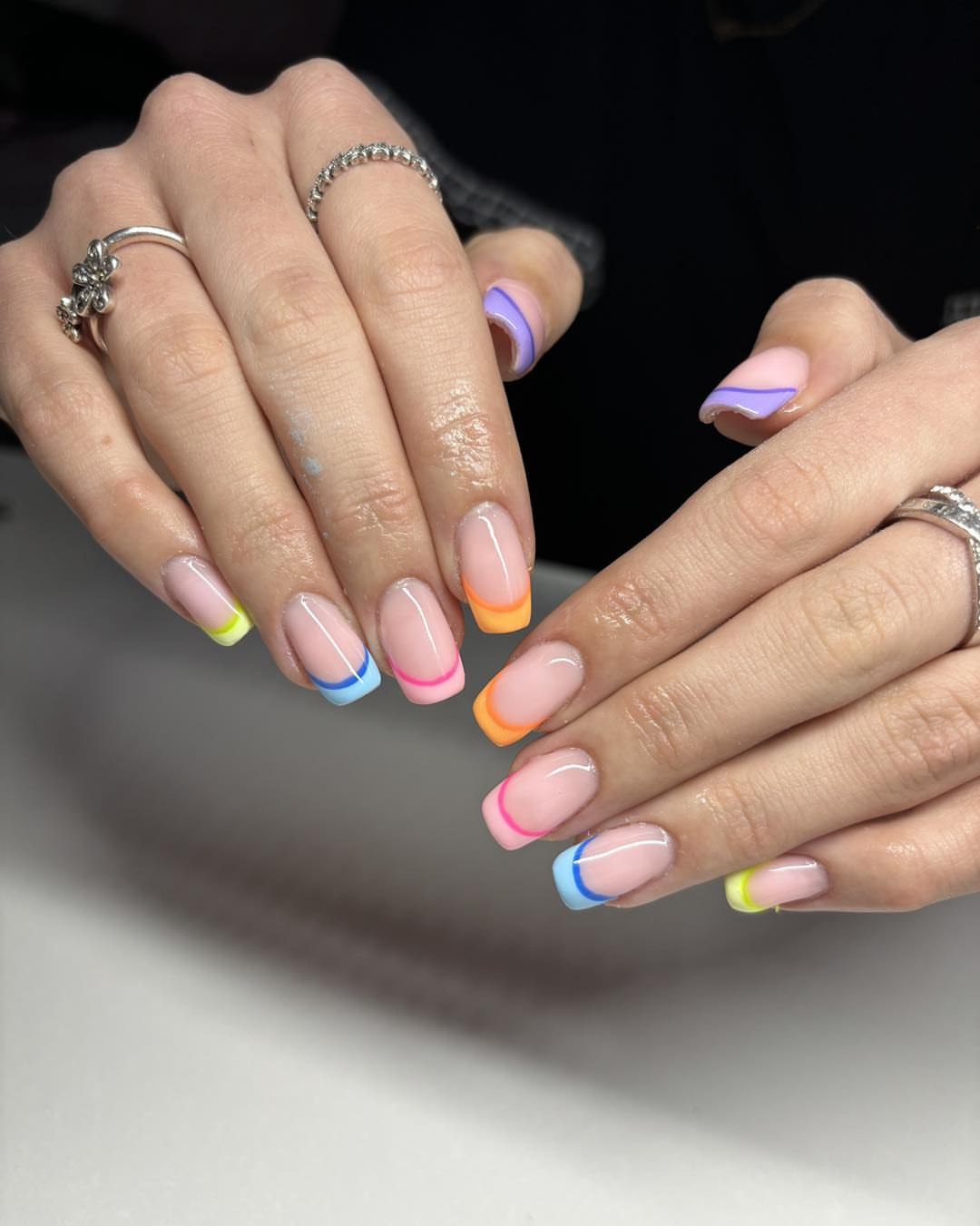 Vibrant Rainbow Abstract French Outline Square Nails