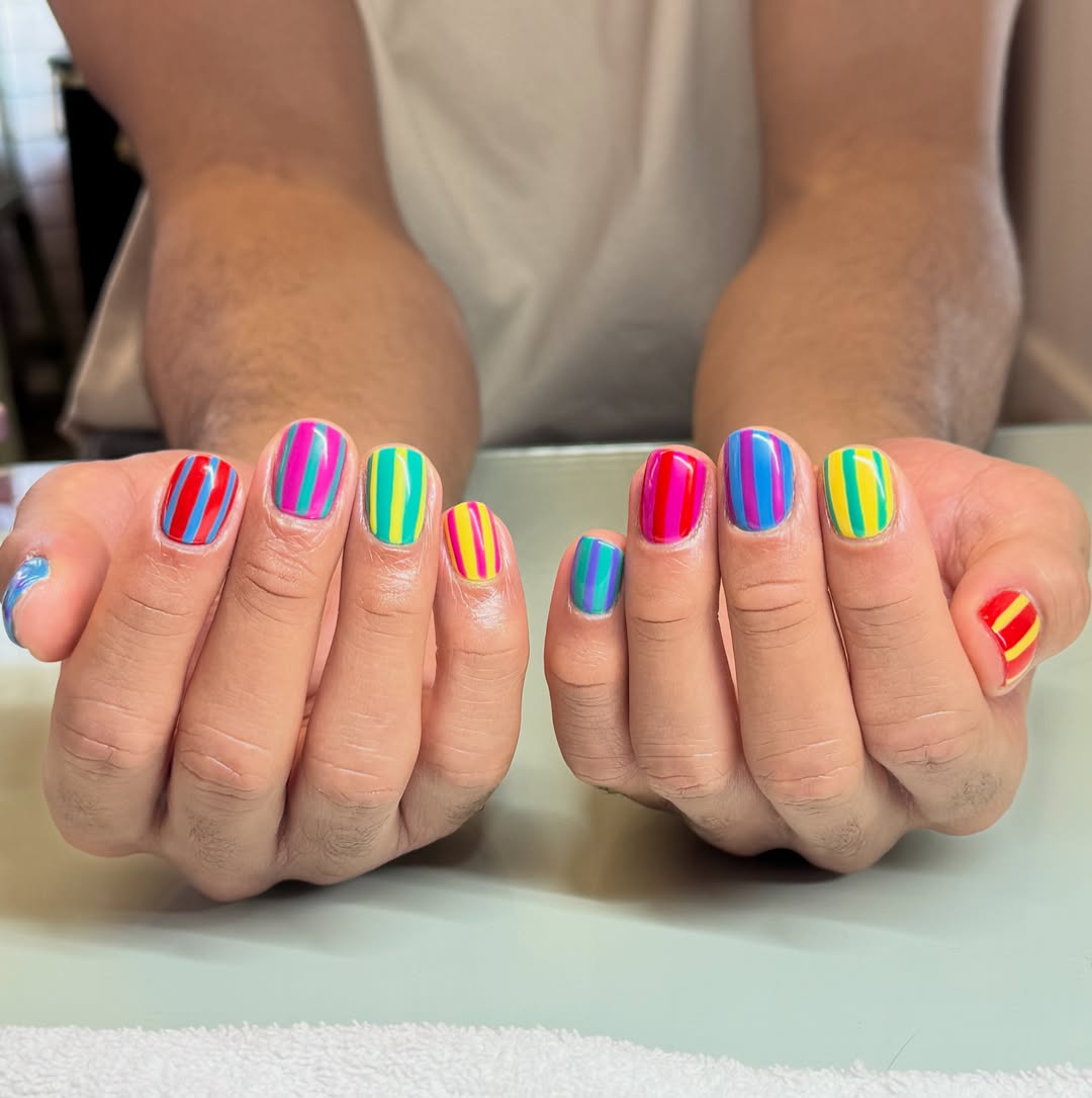 Vibrant Rainbow Striped Squoval Summer Gel Nails