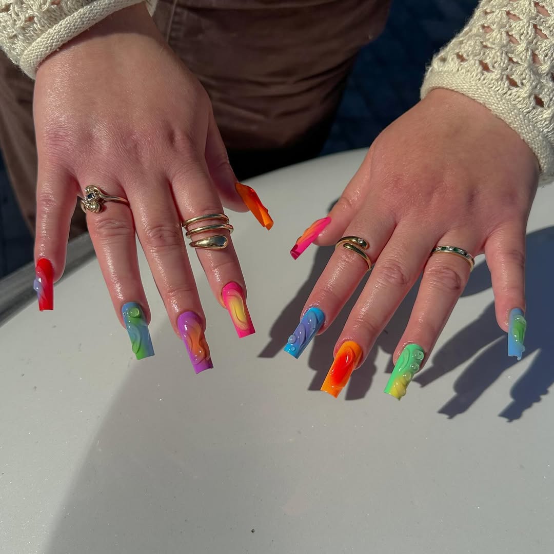 Vibrant Rainbow Wavy Gel Art Coffin Nails