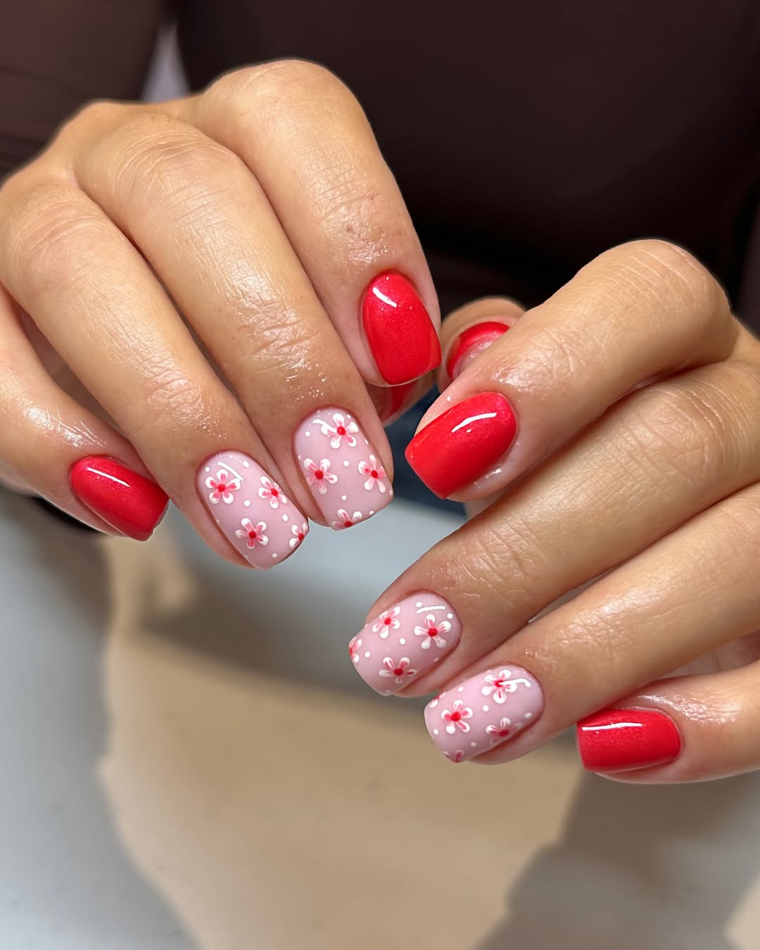 Vibrant Red and Dainty Pink Floral Nail Art