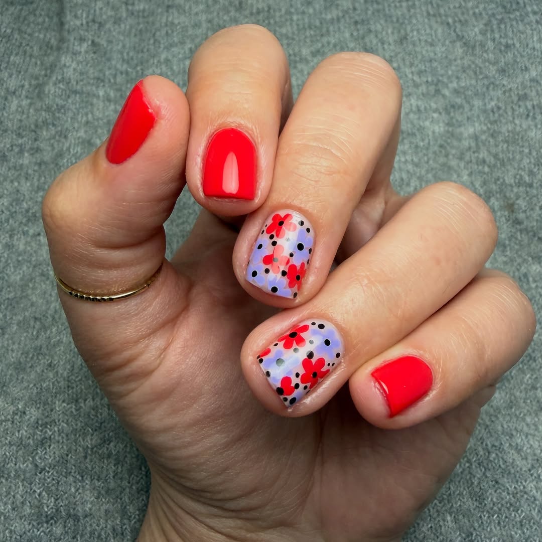 Vibrant Red and Lilac Floral Dot Art Nails