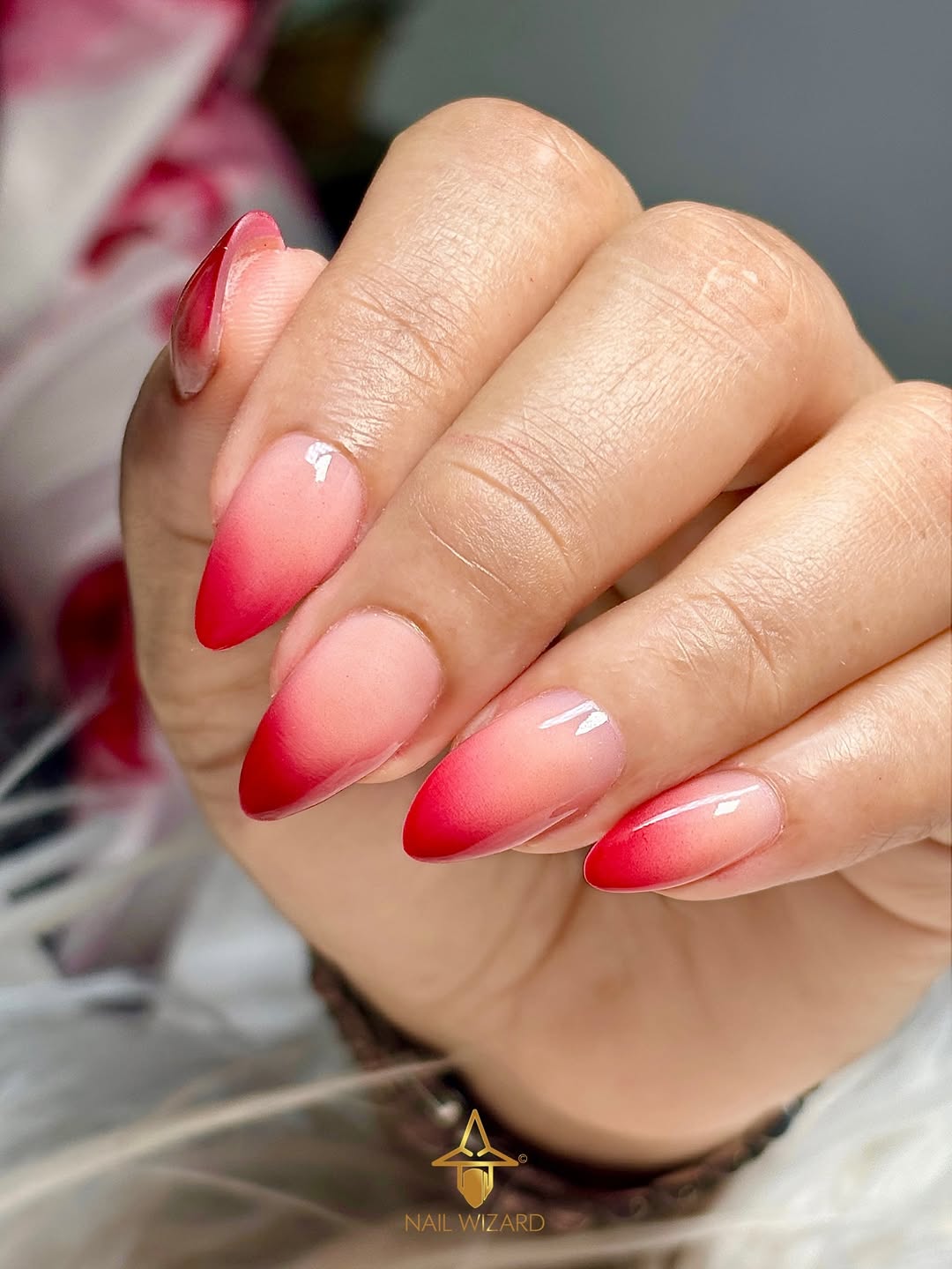 Vibrant Red Ombre Almond Gel Nails