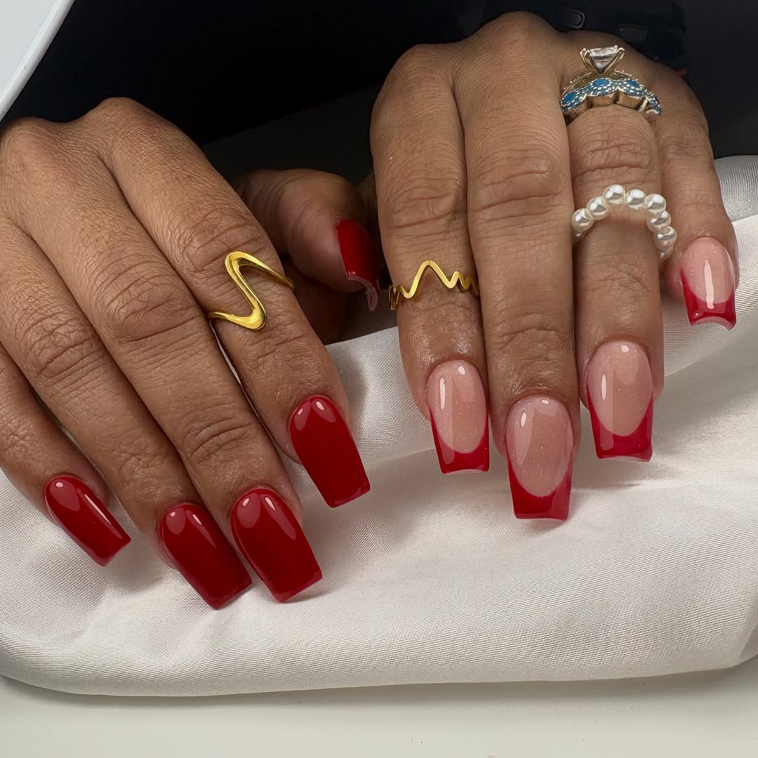 Vibrant Red Solid and French Tip Coffin Nails