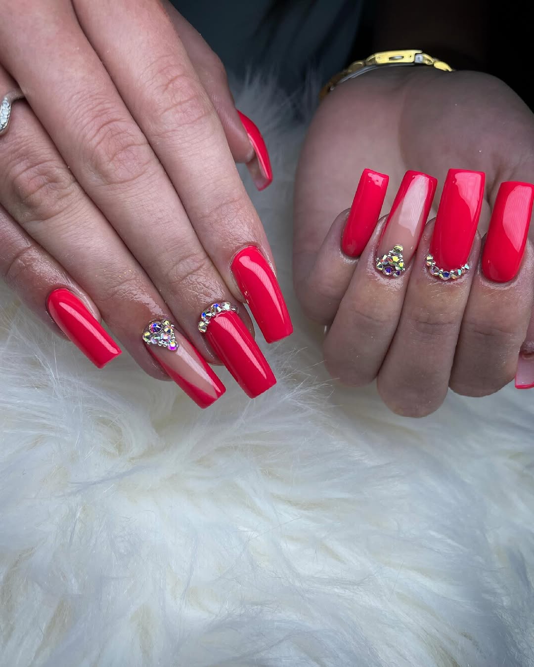 Vibrant Red V-Cut Nails with Crystal Accents