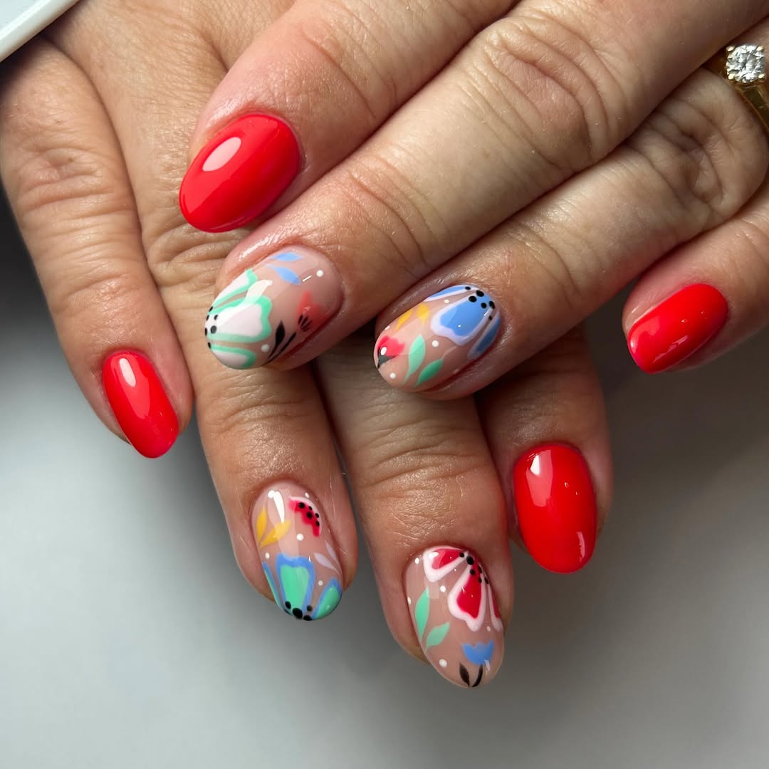 Vibrant Red With Floral Abstract Accent Nails