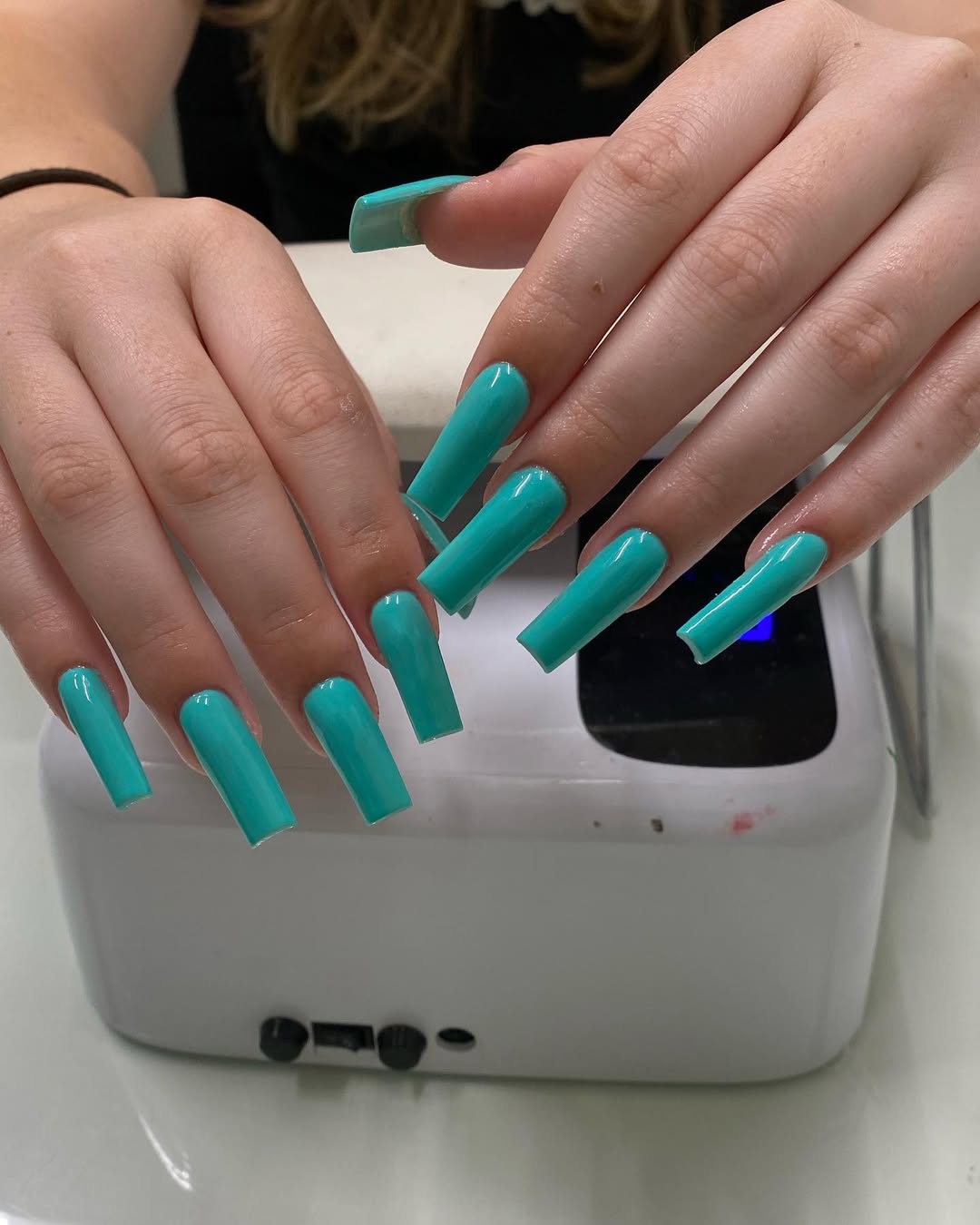 Vibrant Teal Glossy Extra-Long Coffin French Tip
