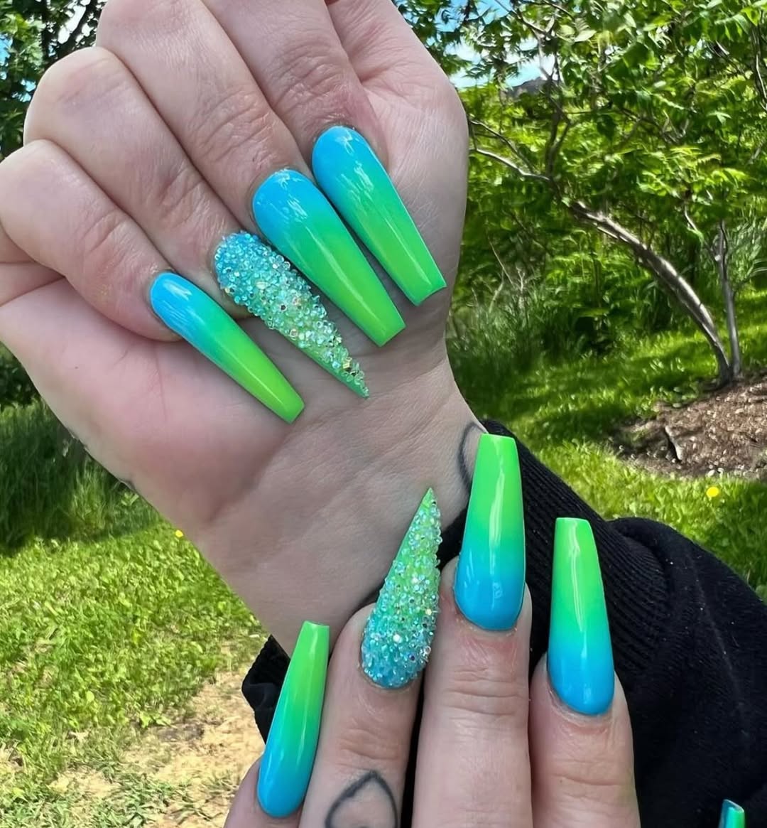 Vibrant Teal Green Ombre Coffin Nails with Rhinestones