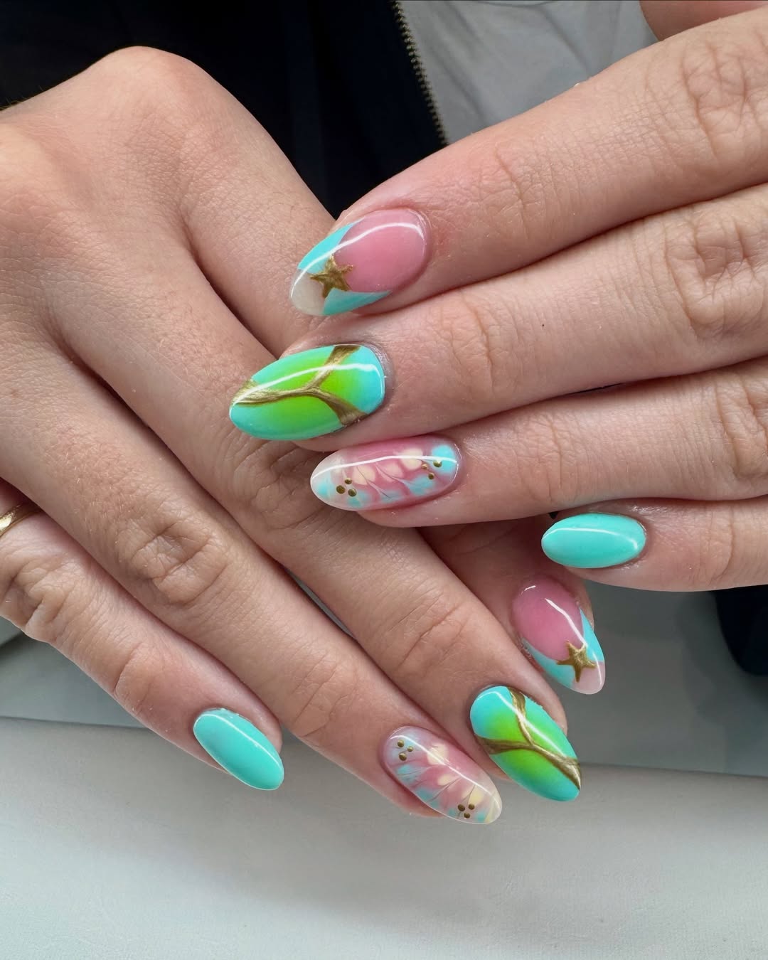 Vibrant Teal Pink Gradient Abstract Floral Almond Nails