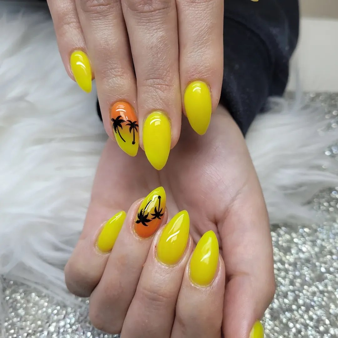 Vibrant Yellow Acrylic Nails With Sunset Palm Trees