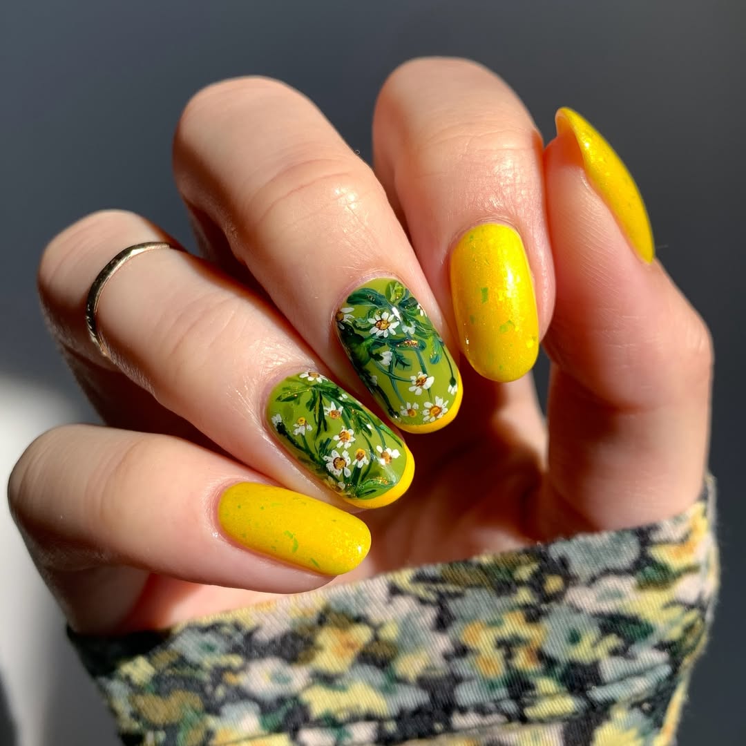 Vibrant Yellow and Daisy Green Floral Oval Nails