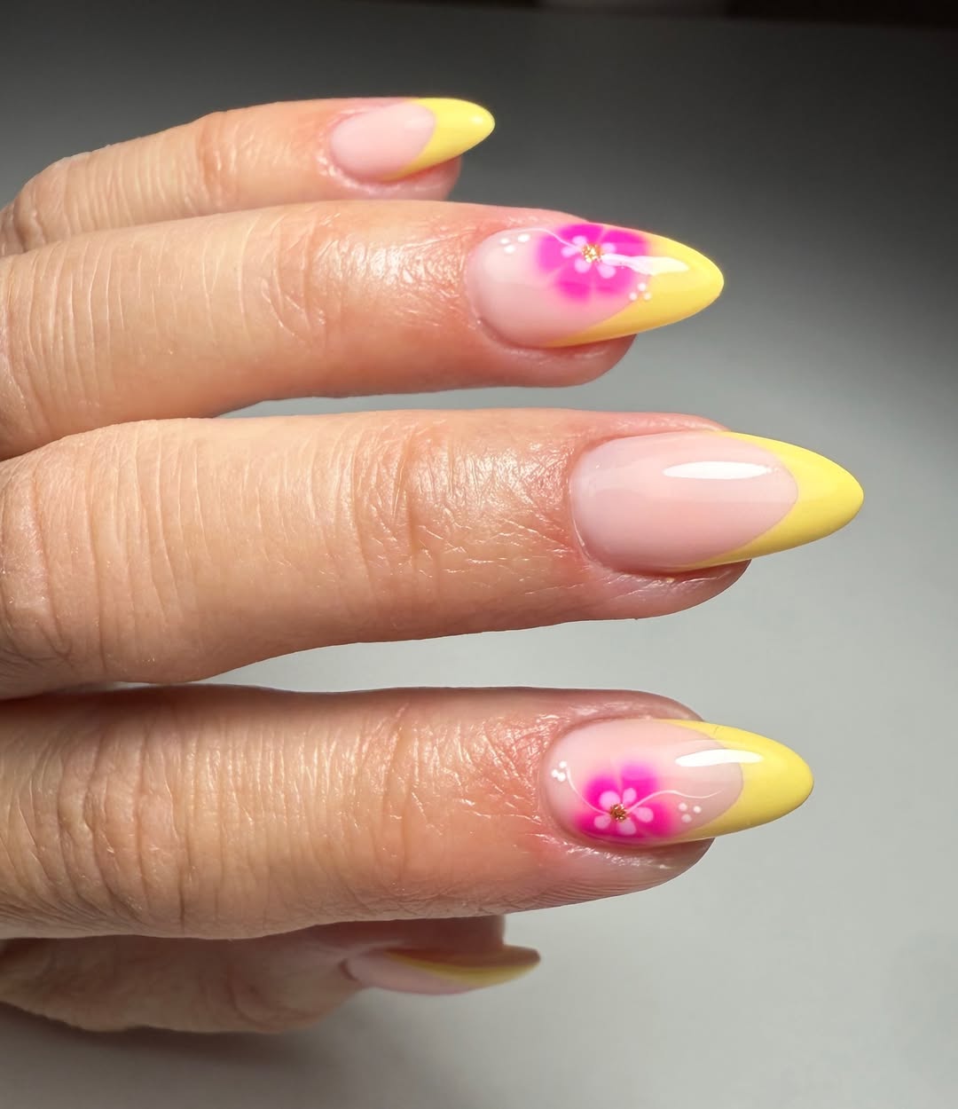 Vibrant Yellow French Tips With Pink Ombre Flowers