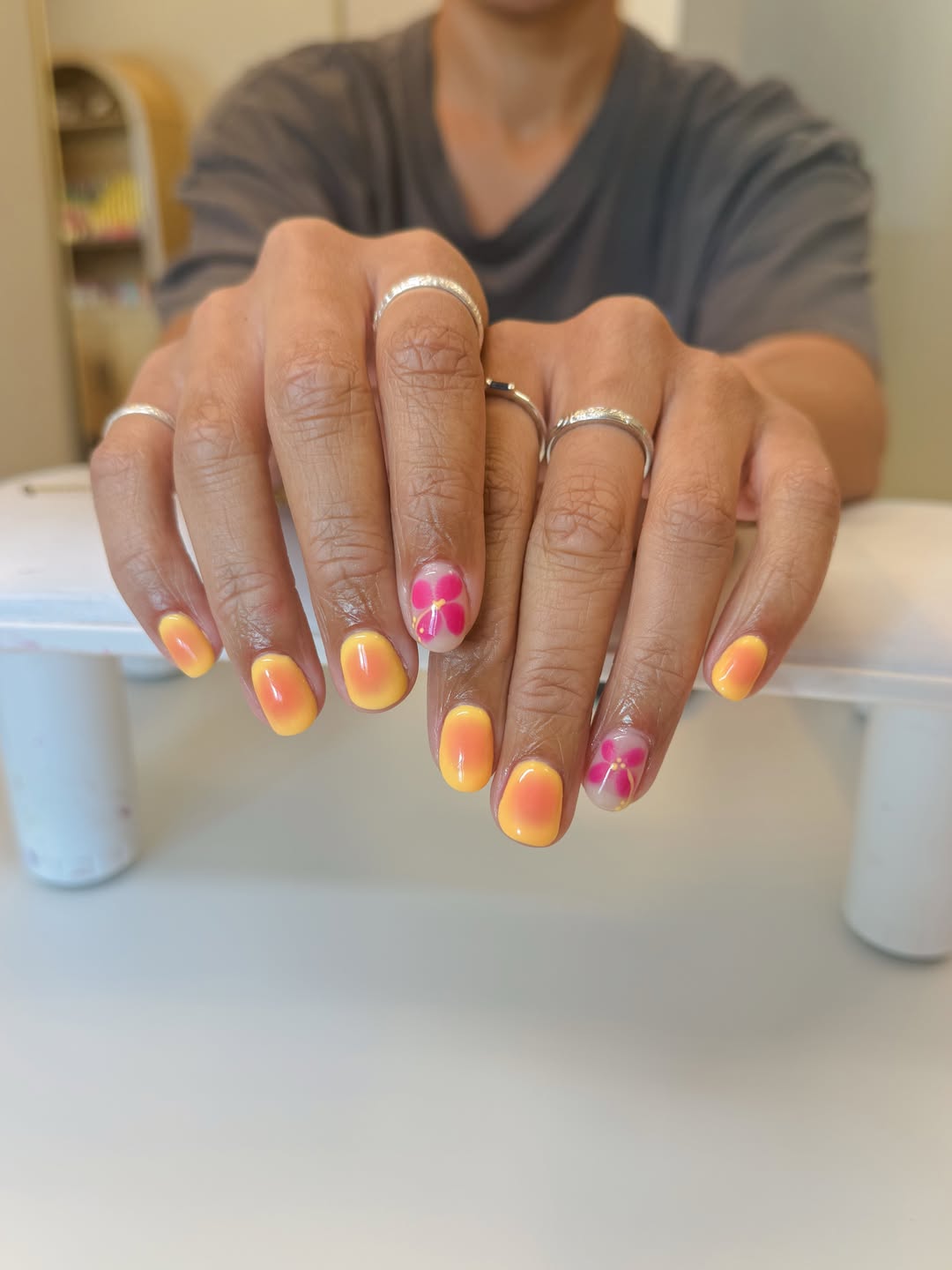 Vibrant Yellow Pink Ombré Floral Short Oval Nails