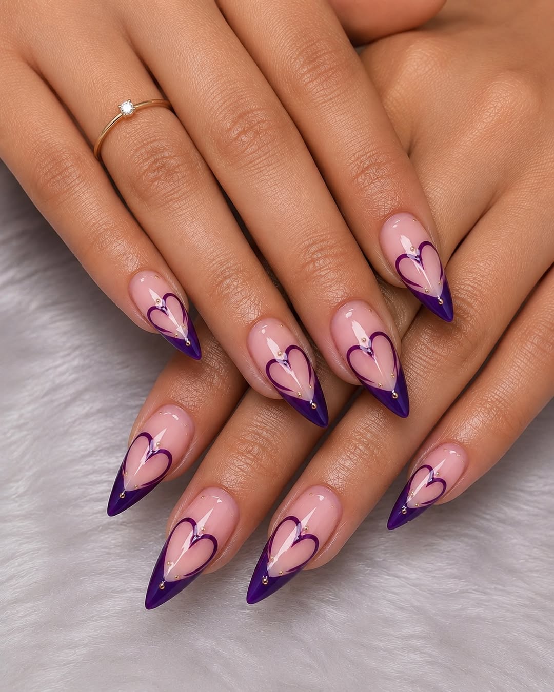 Violet Heart French Stiletto Nails With Gold Accents
