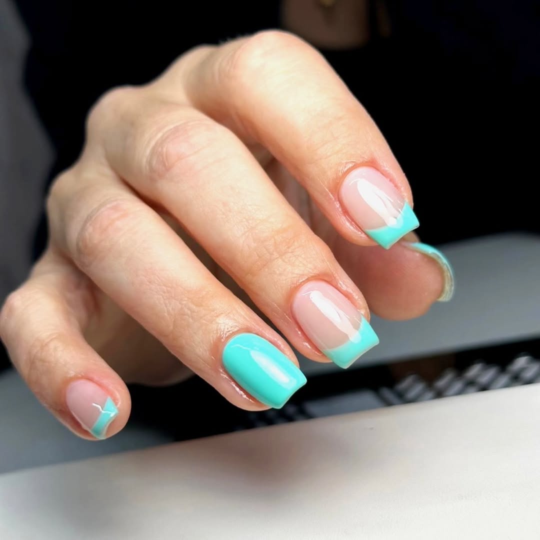 Vivid Aqua French Tip Square Nails