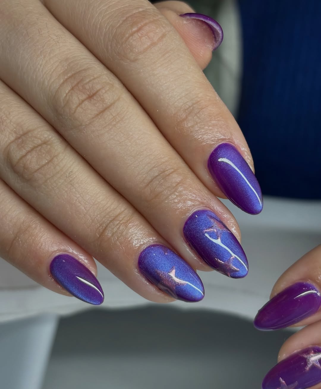 Vivid Purple Cat Eye Almond Nails With Blush Art