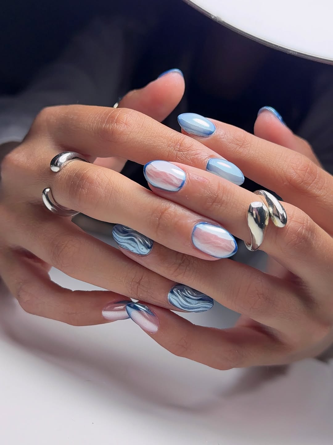 Wavy Blue and Pink Chrome Abstract Nails
