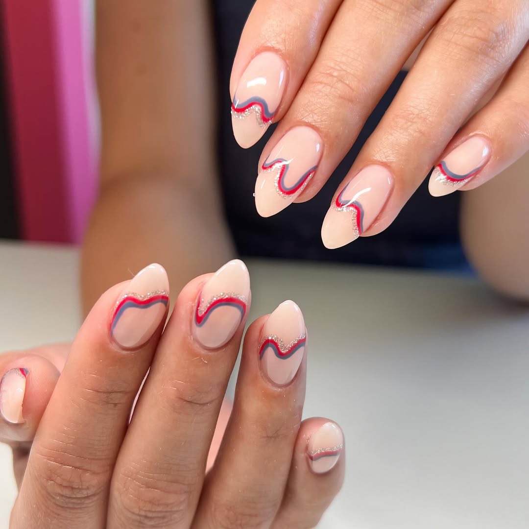 Wavy Red Blue Lines Silver Glitter Almond Nails