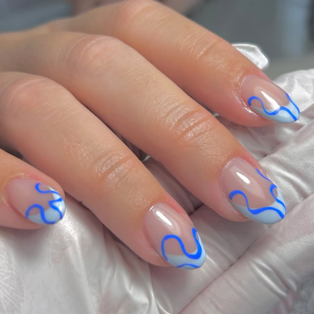 Wavy Sky Blue and Royal Blue French Tip Nails