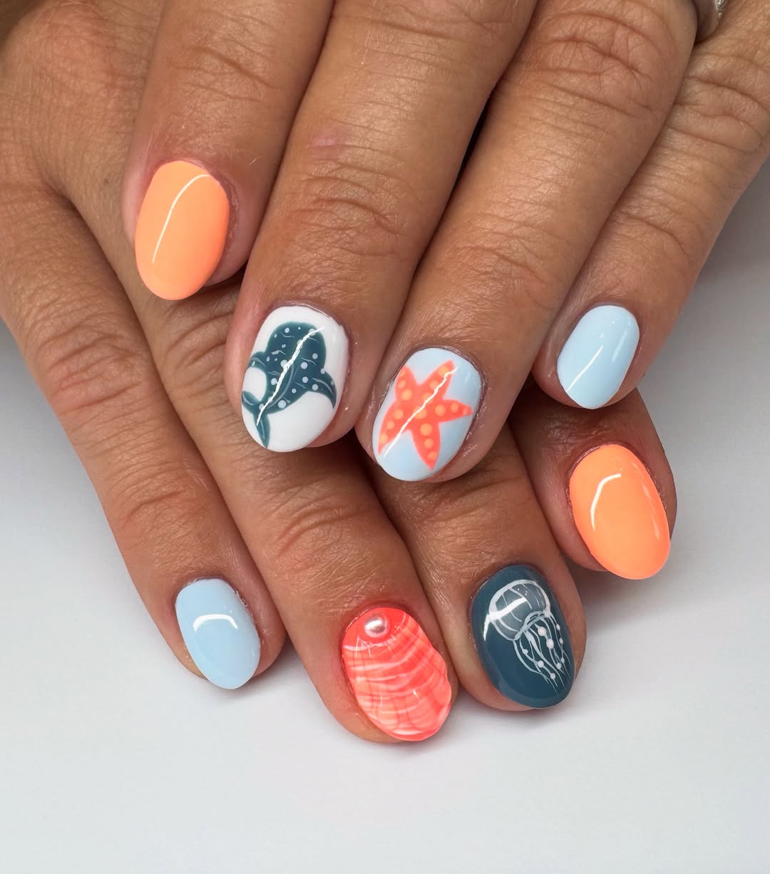 Whale Shark, Starfish, Jellyfish Ocean-Themed Nails