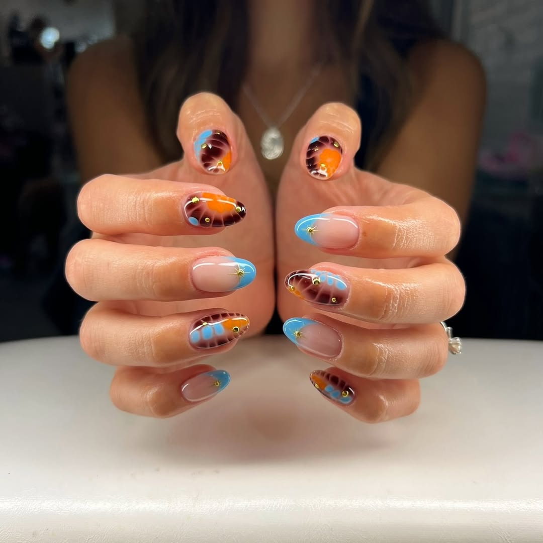 Whimsical Abstract Teal Orange Brown Art With Gold Studs