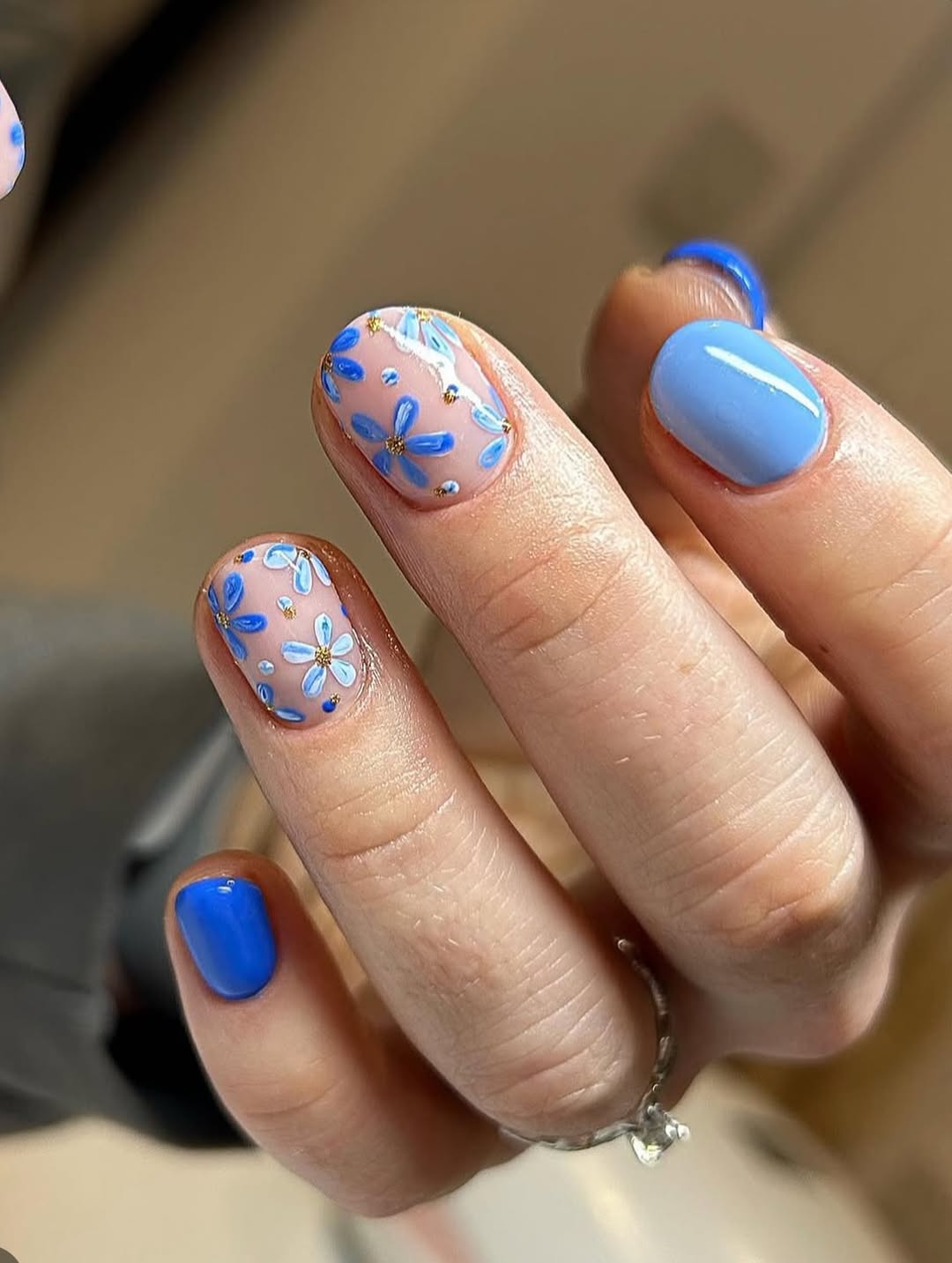 Whimsical Azure Floral And Blue Solid Oval Nails