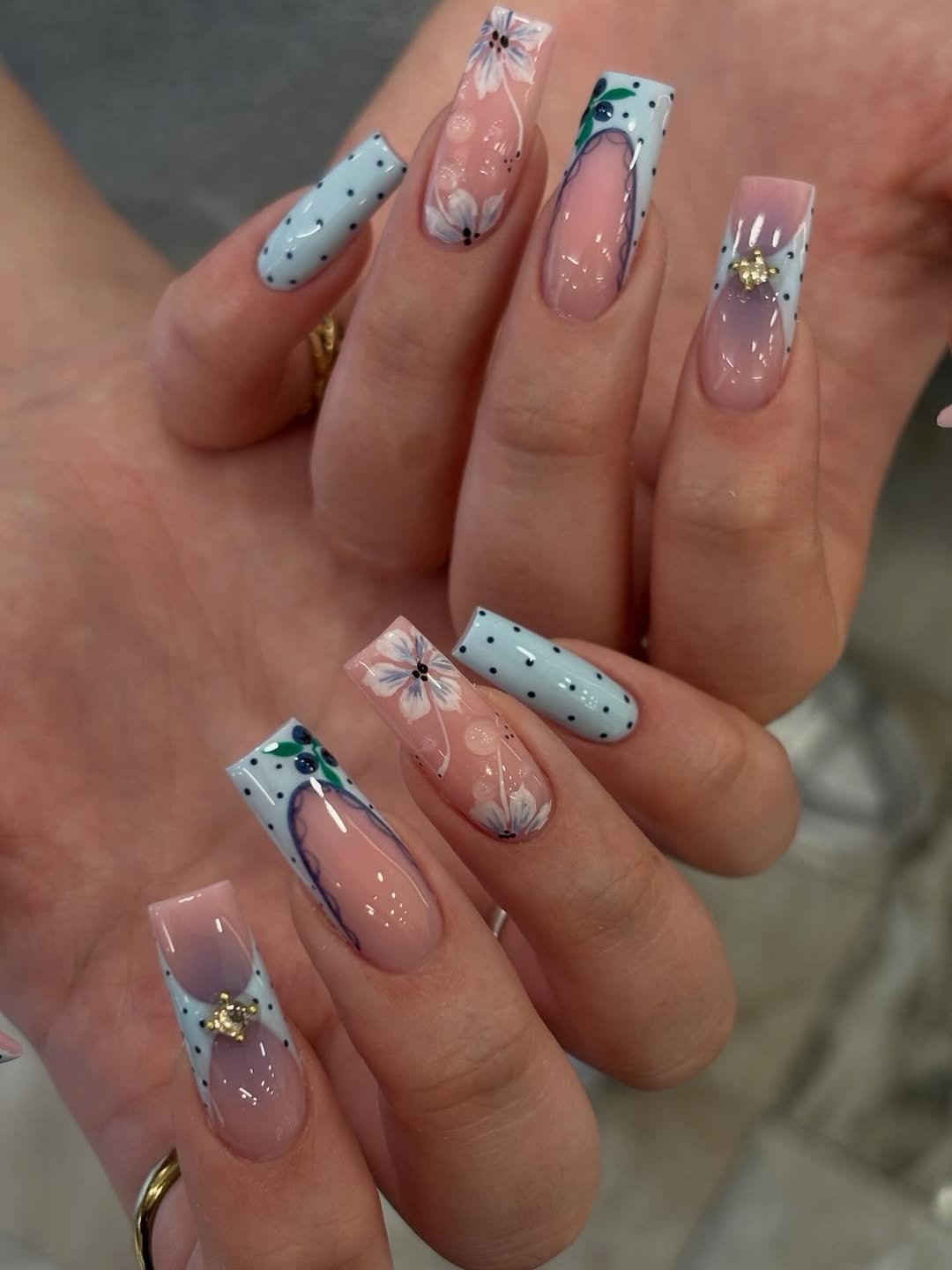 Whimsical Baby Blue Floral and Polka Dot Square Nails