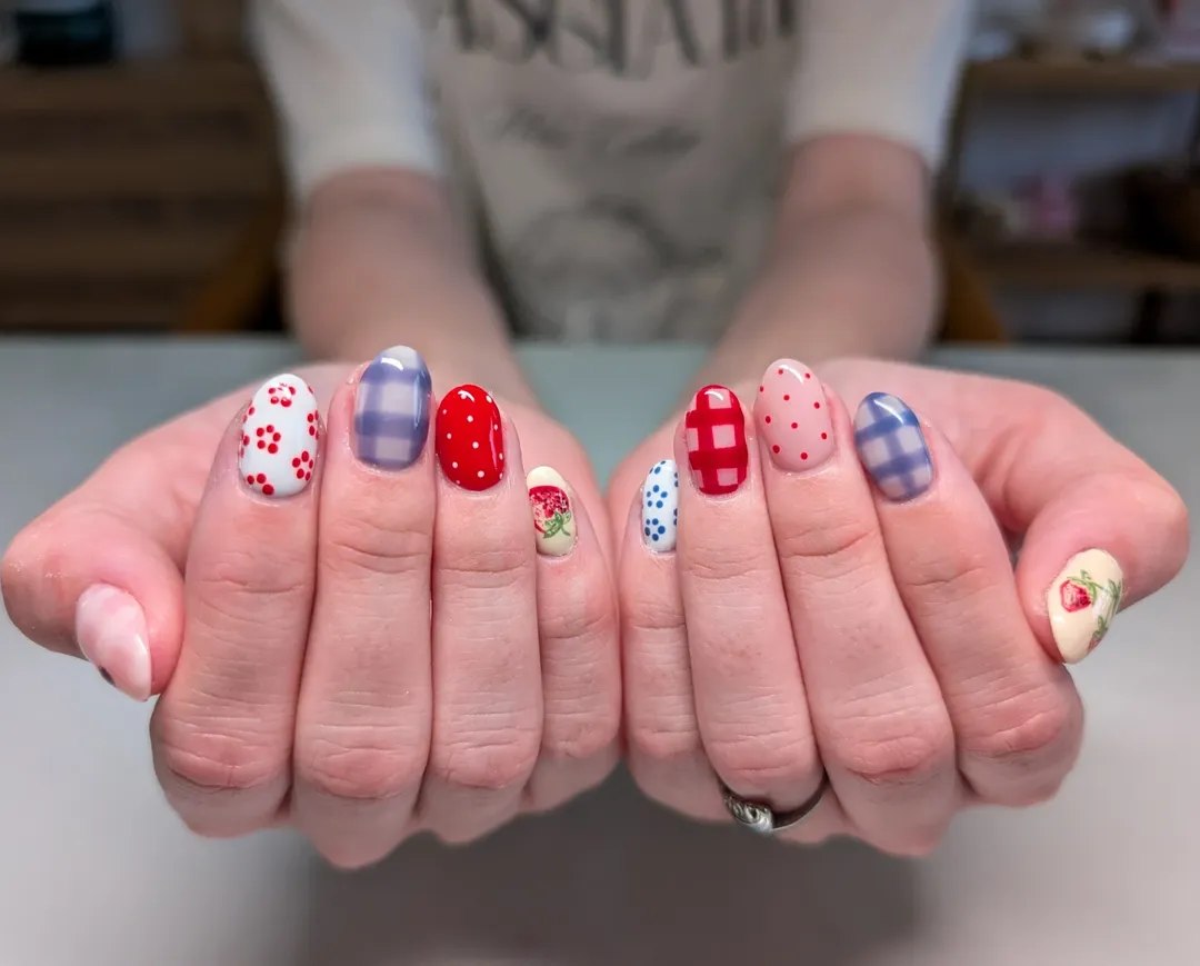 Whimsical Berry Gingham Glossy Oval Nails