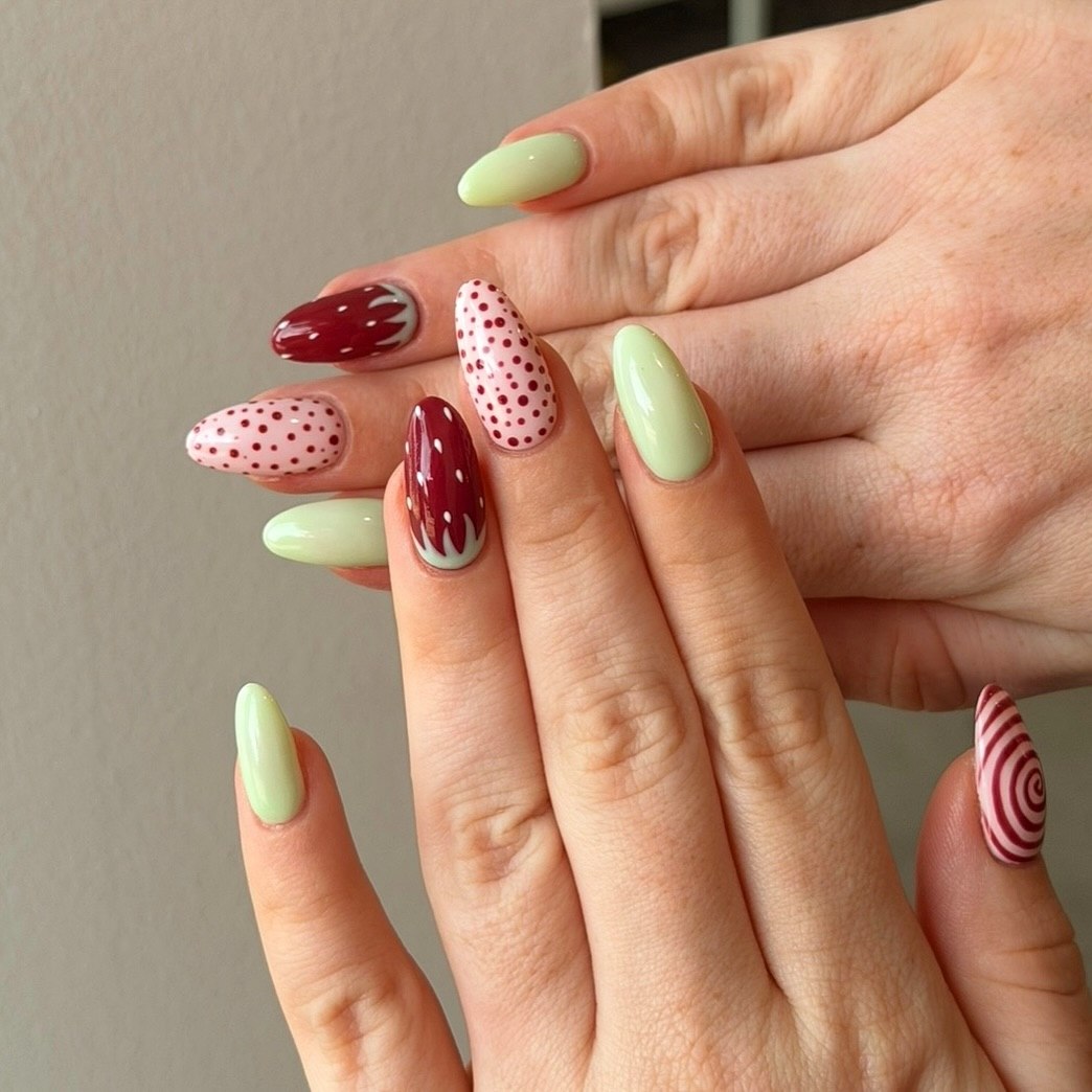 Whimsical Berry Swirl Mismatched Almond Nails