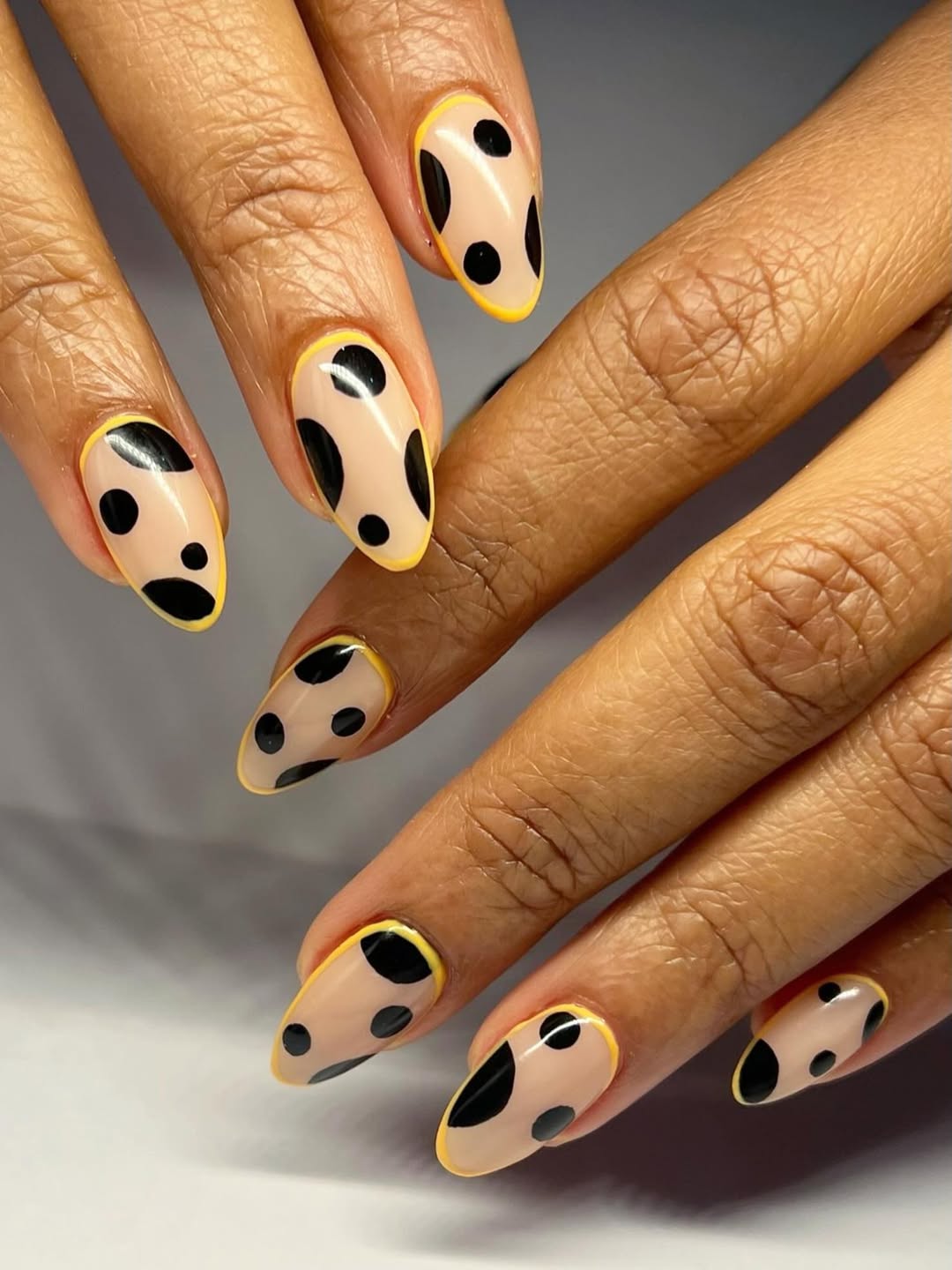 Whimsical Black Polka Dot Yellow Border Clear Oval Nails