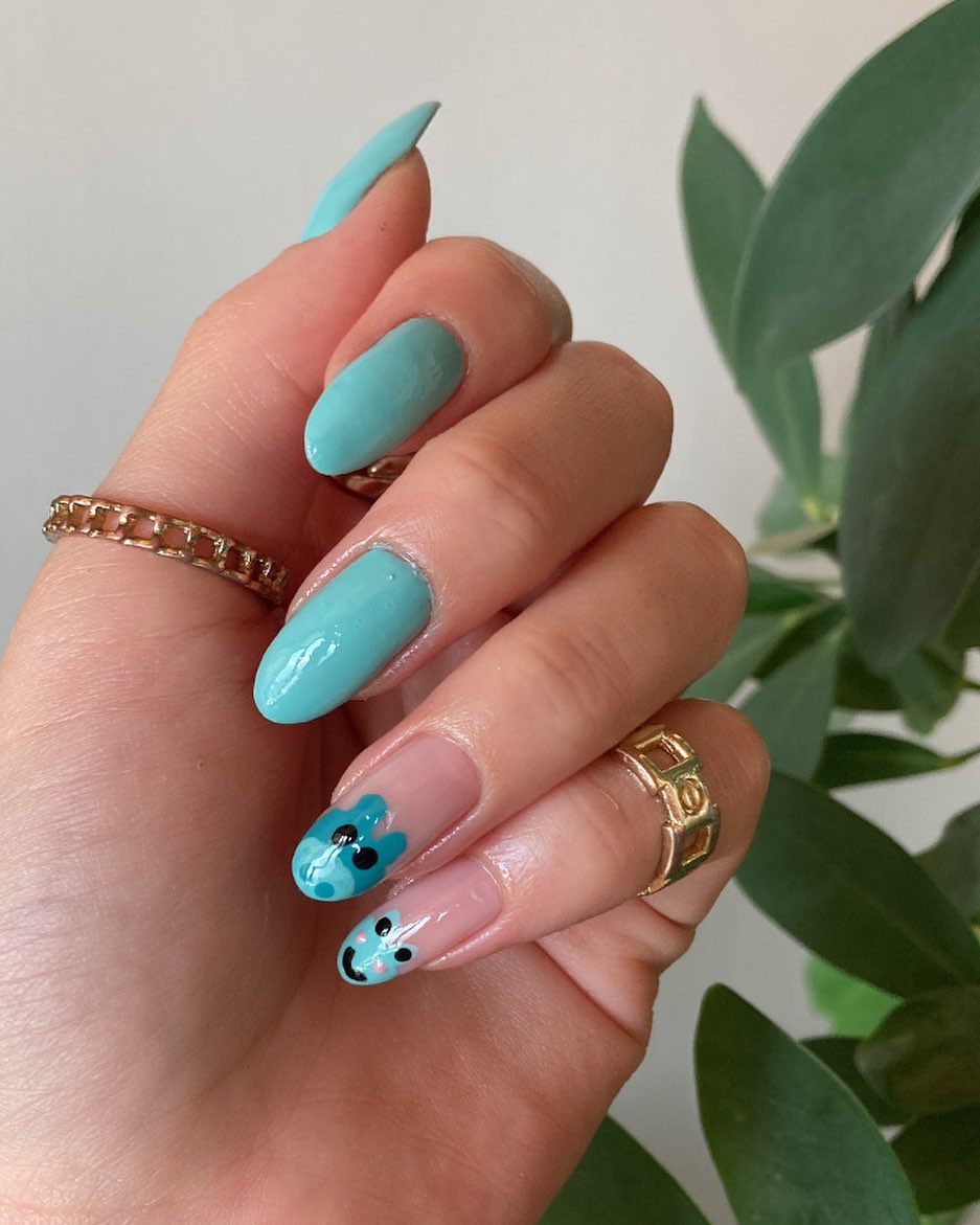 Whimsical Blue French Tip Critter Almond Nails