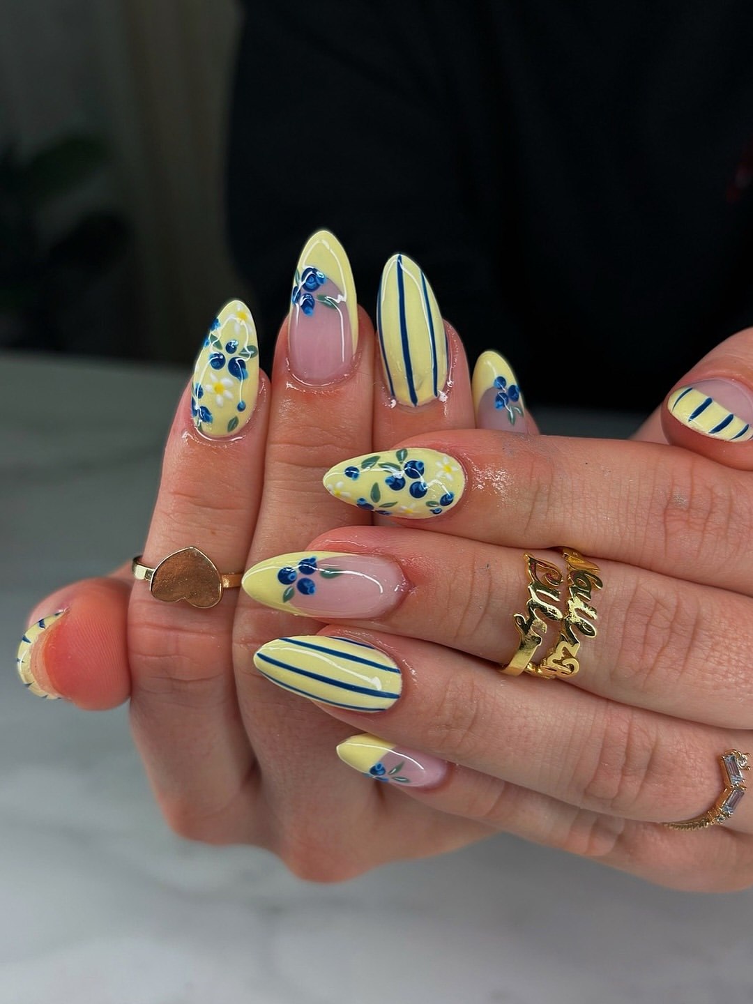 Whimsical Blueberry Lemonade Summer Almond Nails