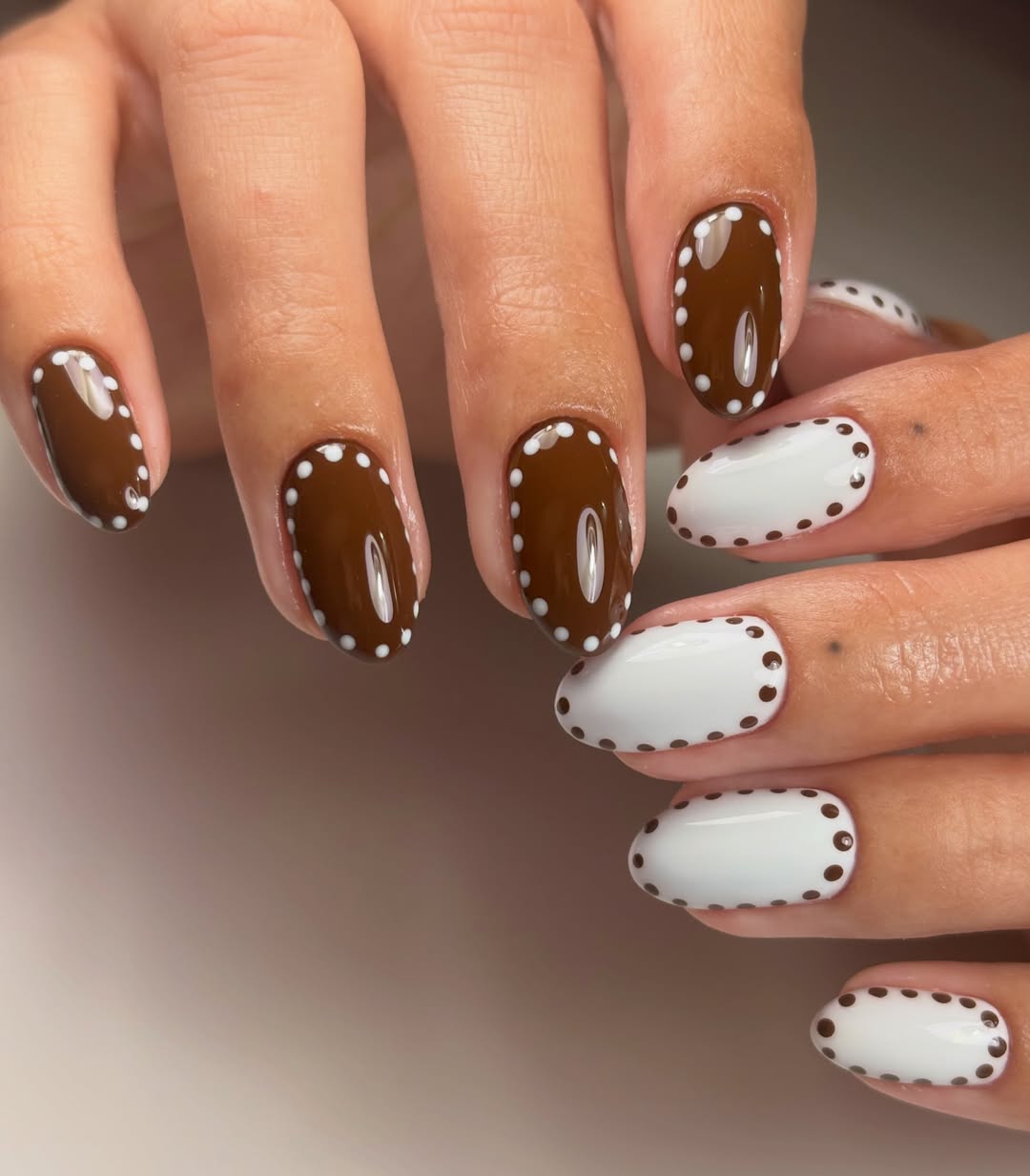Whimsical Brown White Polka Dot Almond Nails