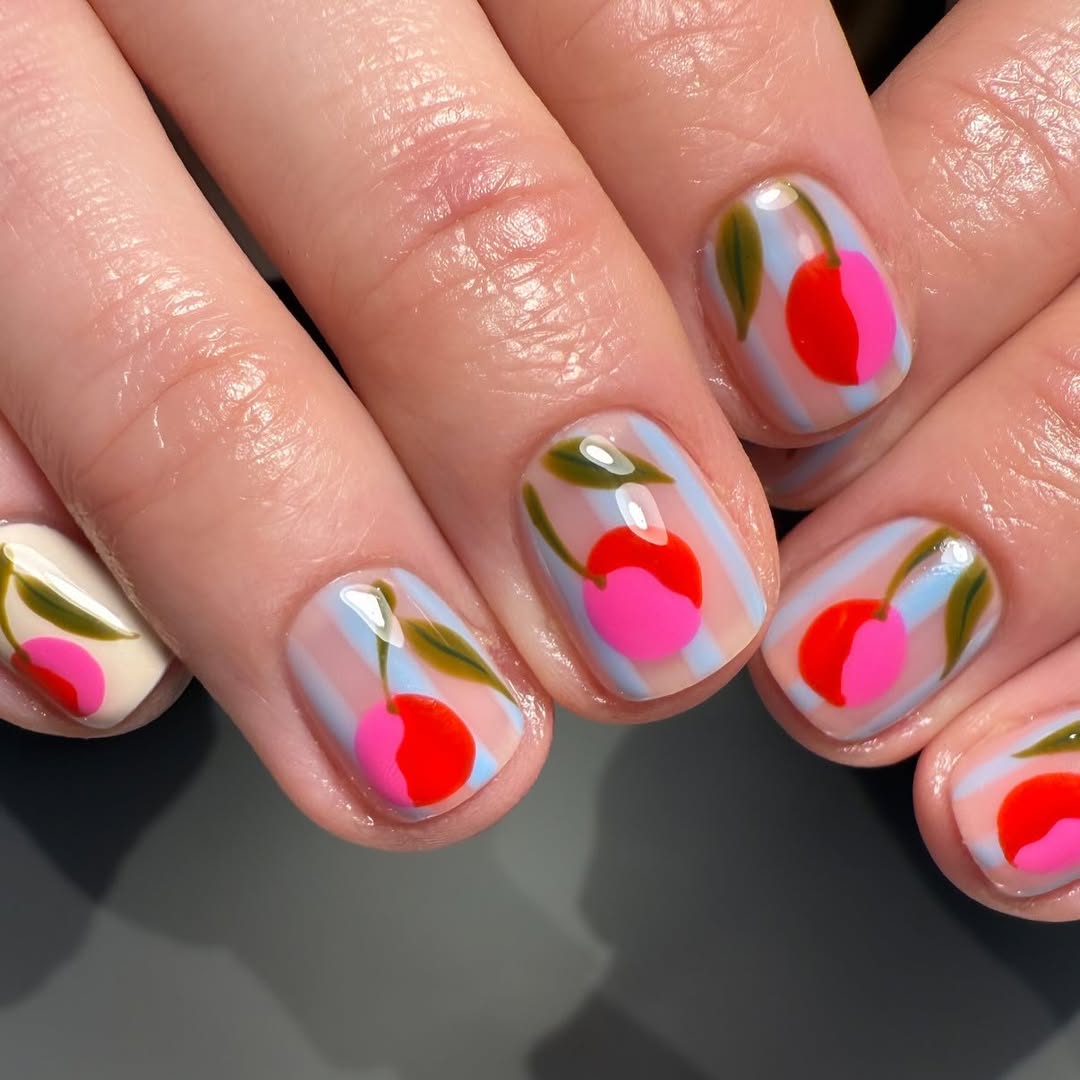 Whimsical Cherry Stripe Short Round Nails