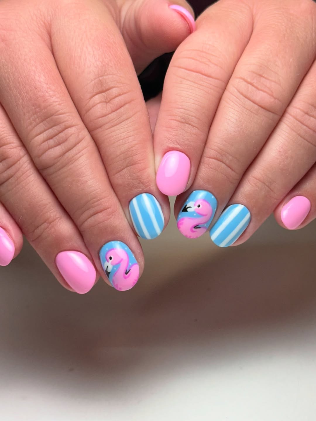Whimsical Flamingo and Stripe Summer Oval Nails