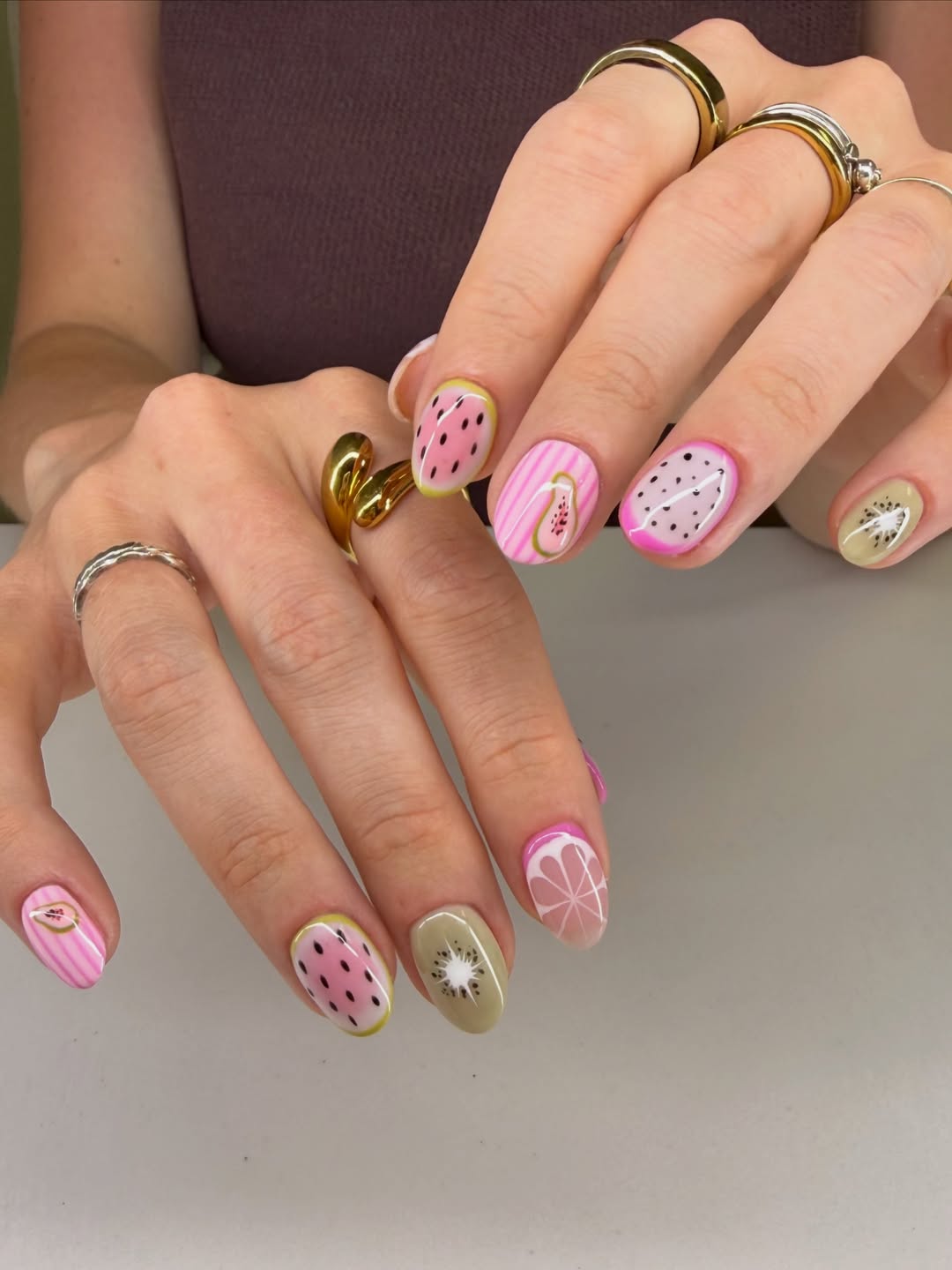 Whimsical Fruit Slice Almond Nail Art