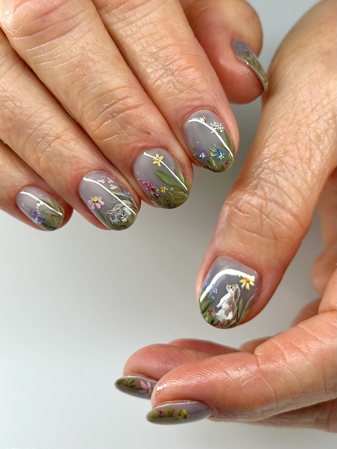 Whimsical Garden Rabbit Floral Almond Nails