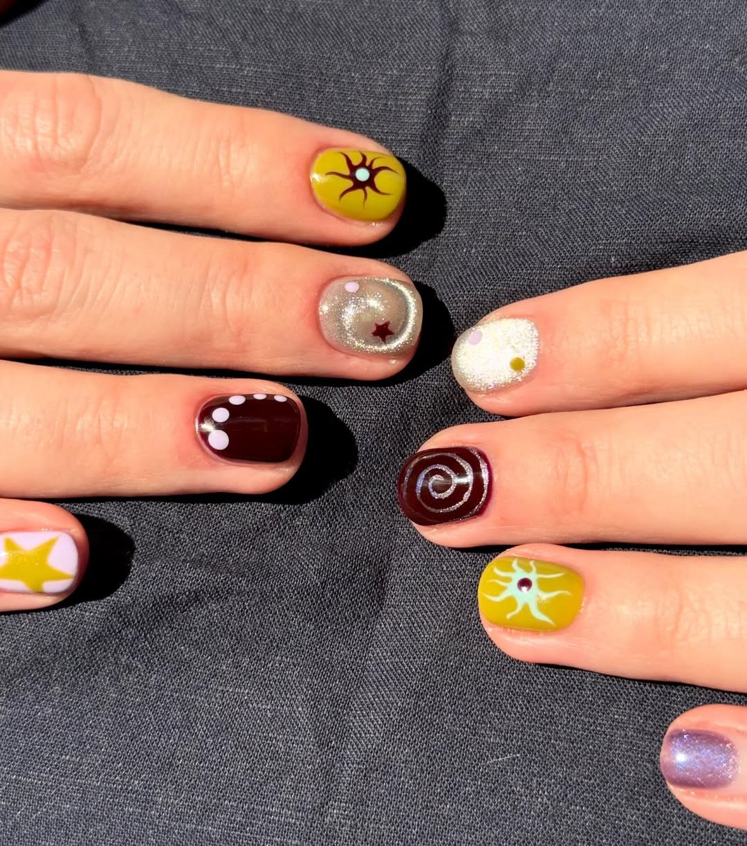 Whimsical Hand-Painted Abstract Short Round Nails