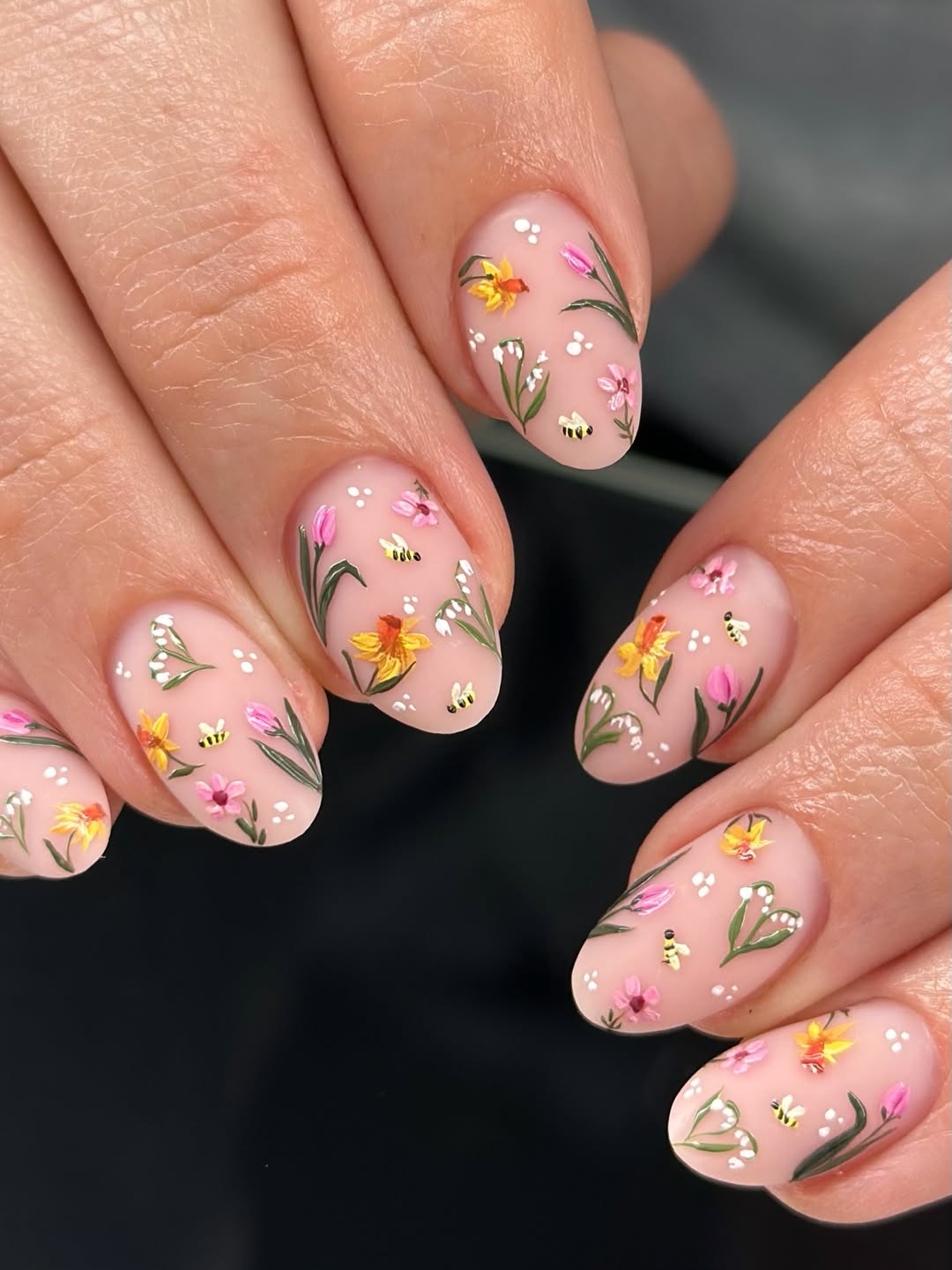 Whimsical Hand-Painted Floral And Bee Nude Oval