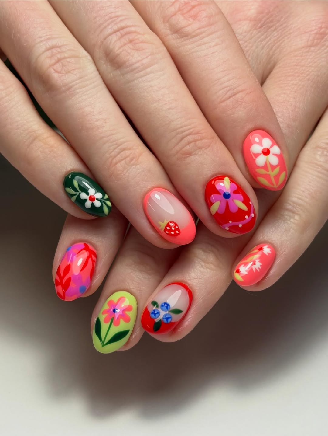 Whimsical Hand-Painted Floral Fruit Oval Nails