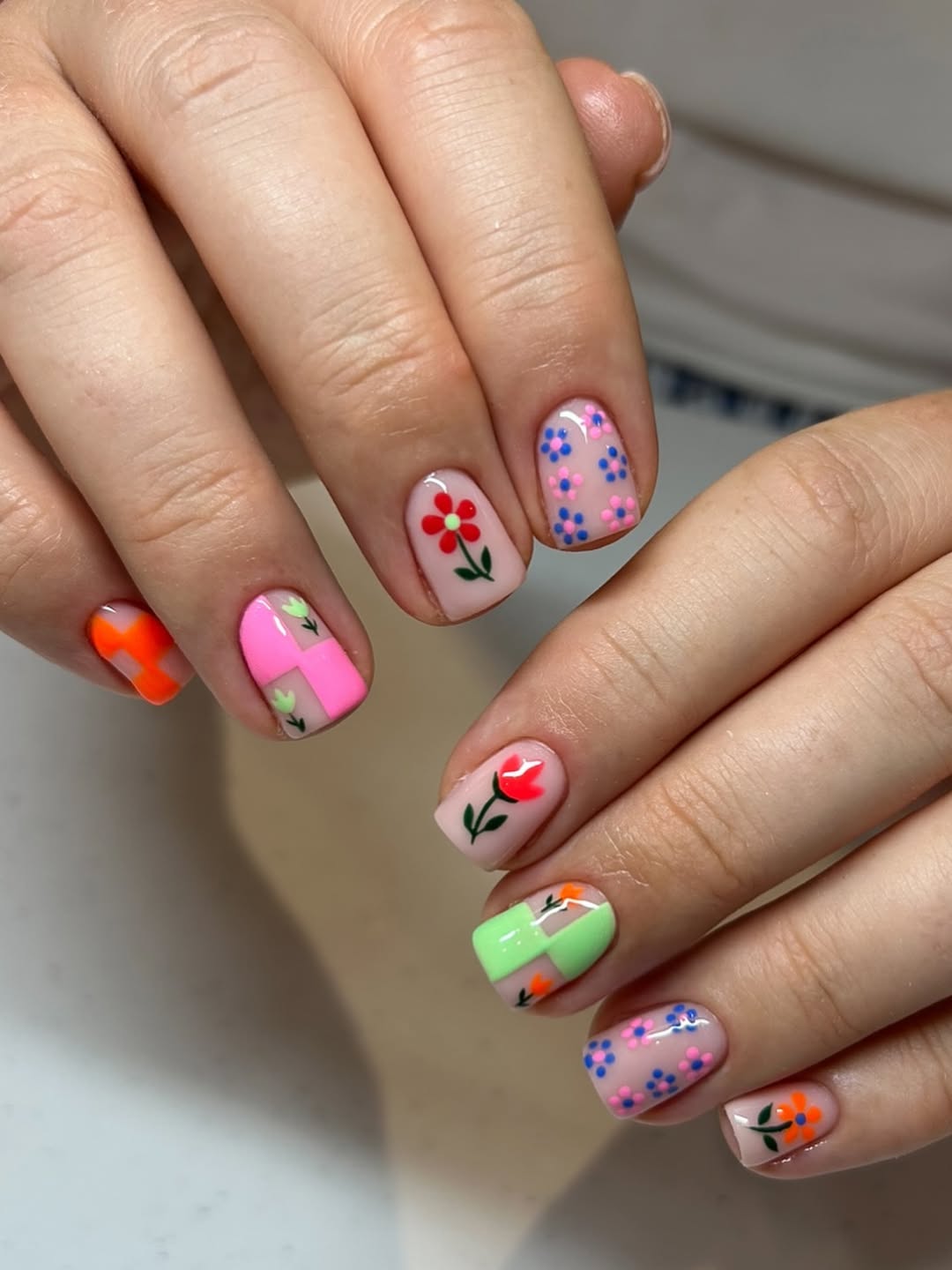 Whimsical Hand-Painted Floral Short Squoval Nails