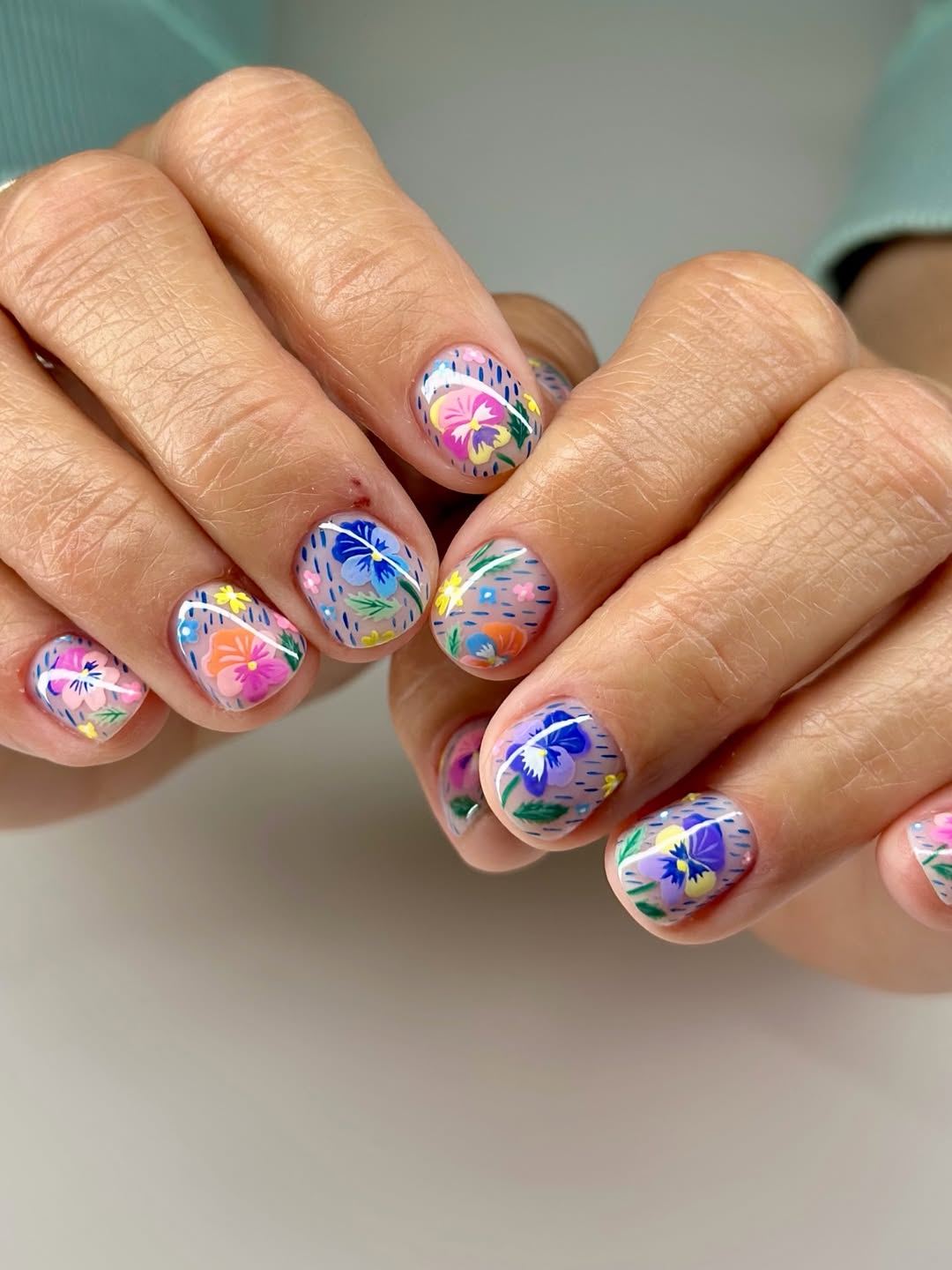 Whimsical Hand-Painted Pansy Floral Short Round Nails