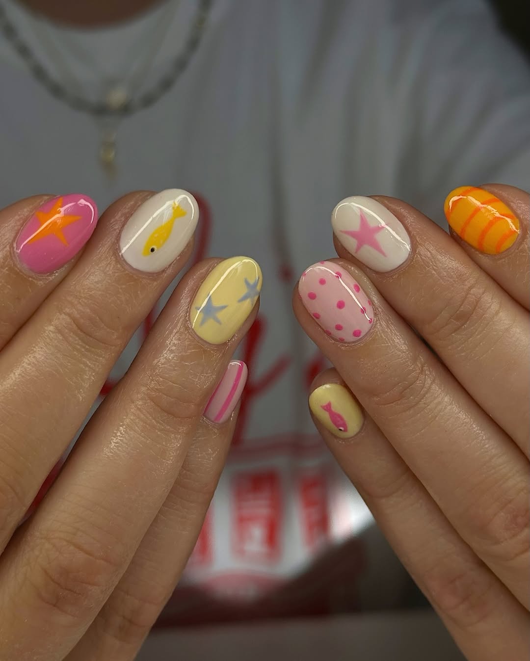Whimsical Hand-Painted Summer Fun Short Oval Nails