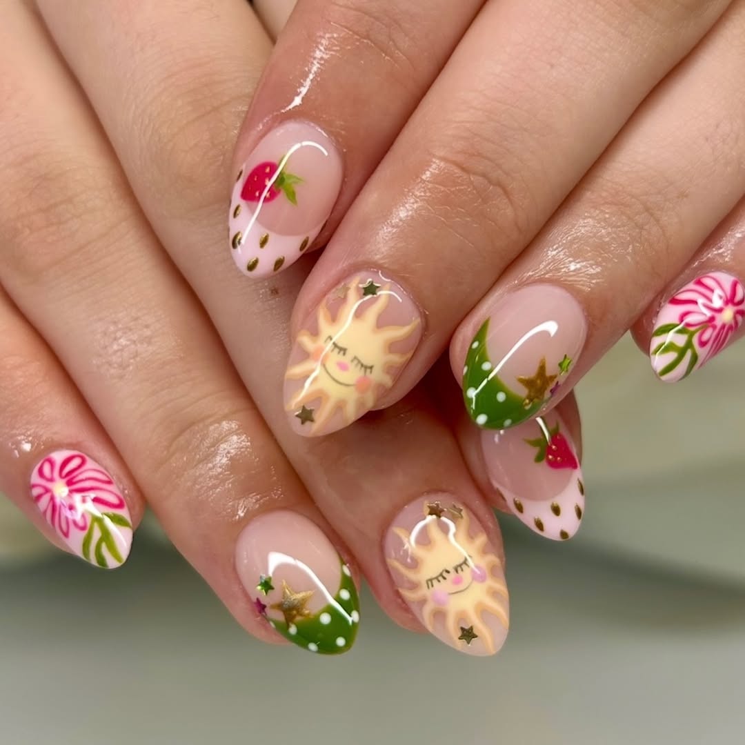 Whimsical Hand-Painted Summer Motif Almond Nails